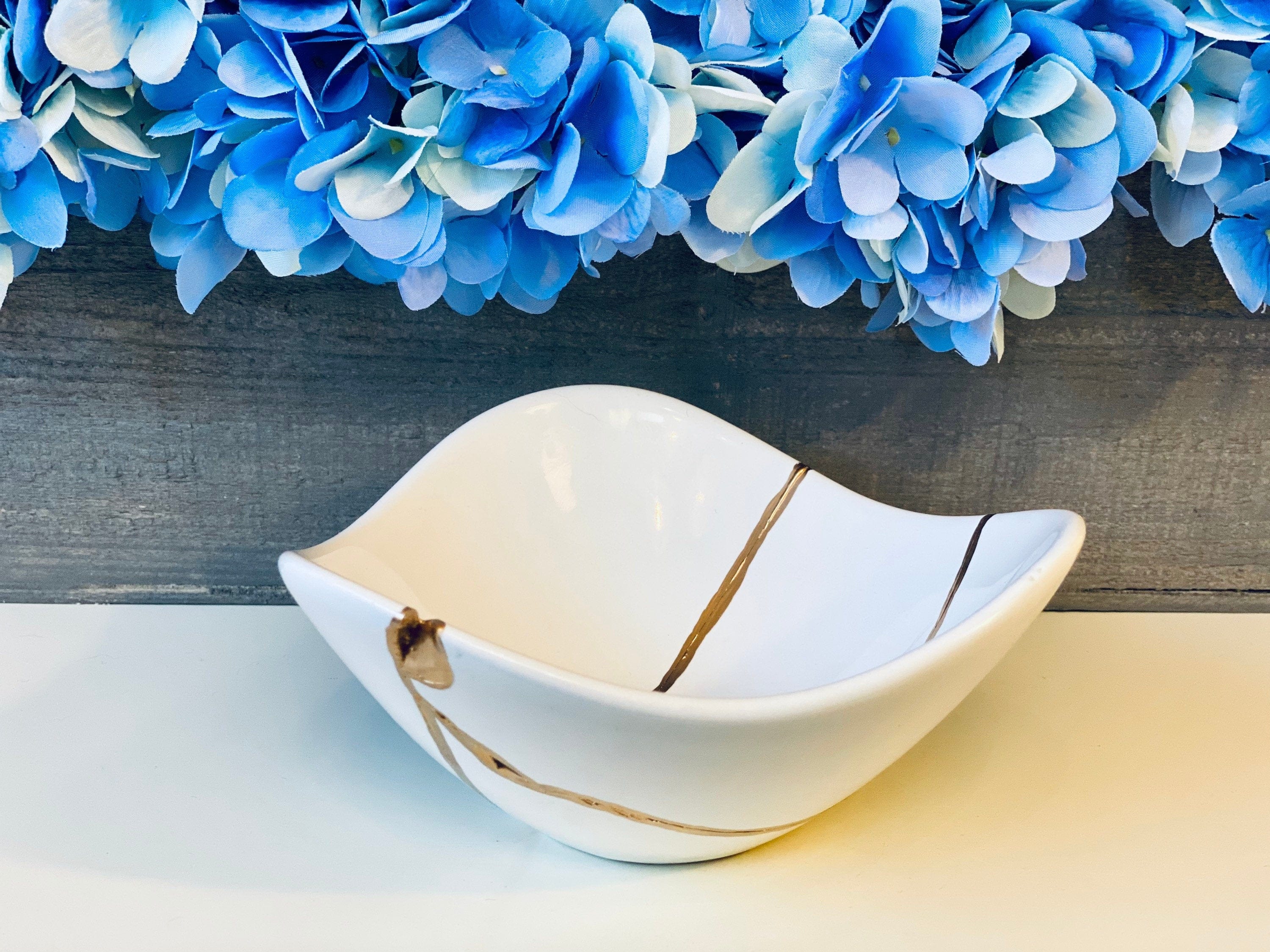 Kintsugi Repaired Medium Porcelain White Curved Bowl