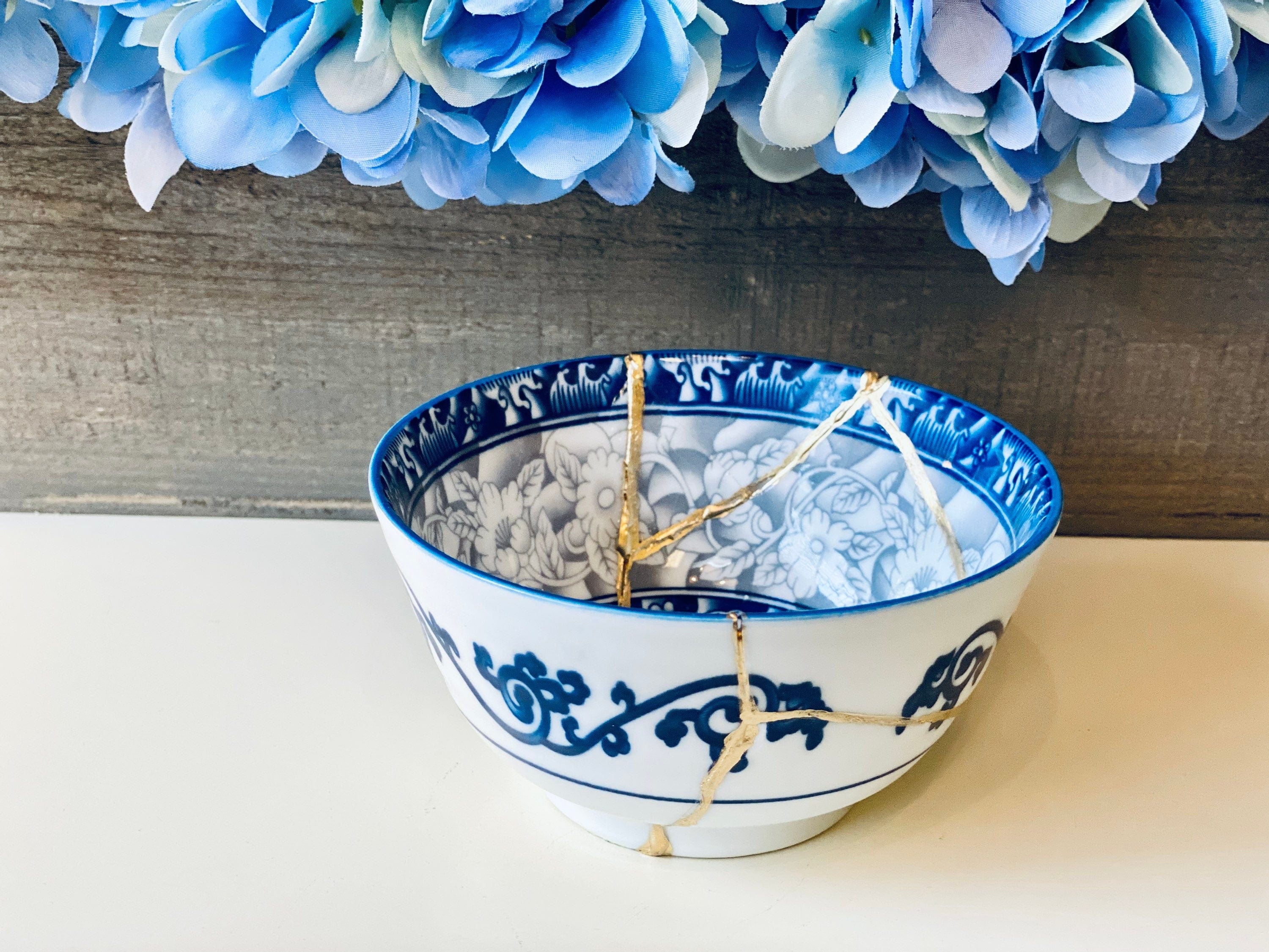 Kintsugi Repaired Blue and White Japanese Ring Bowl