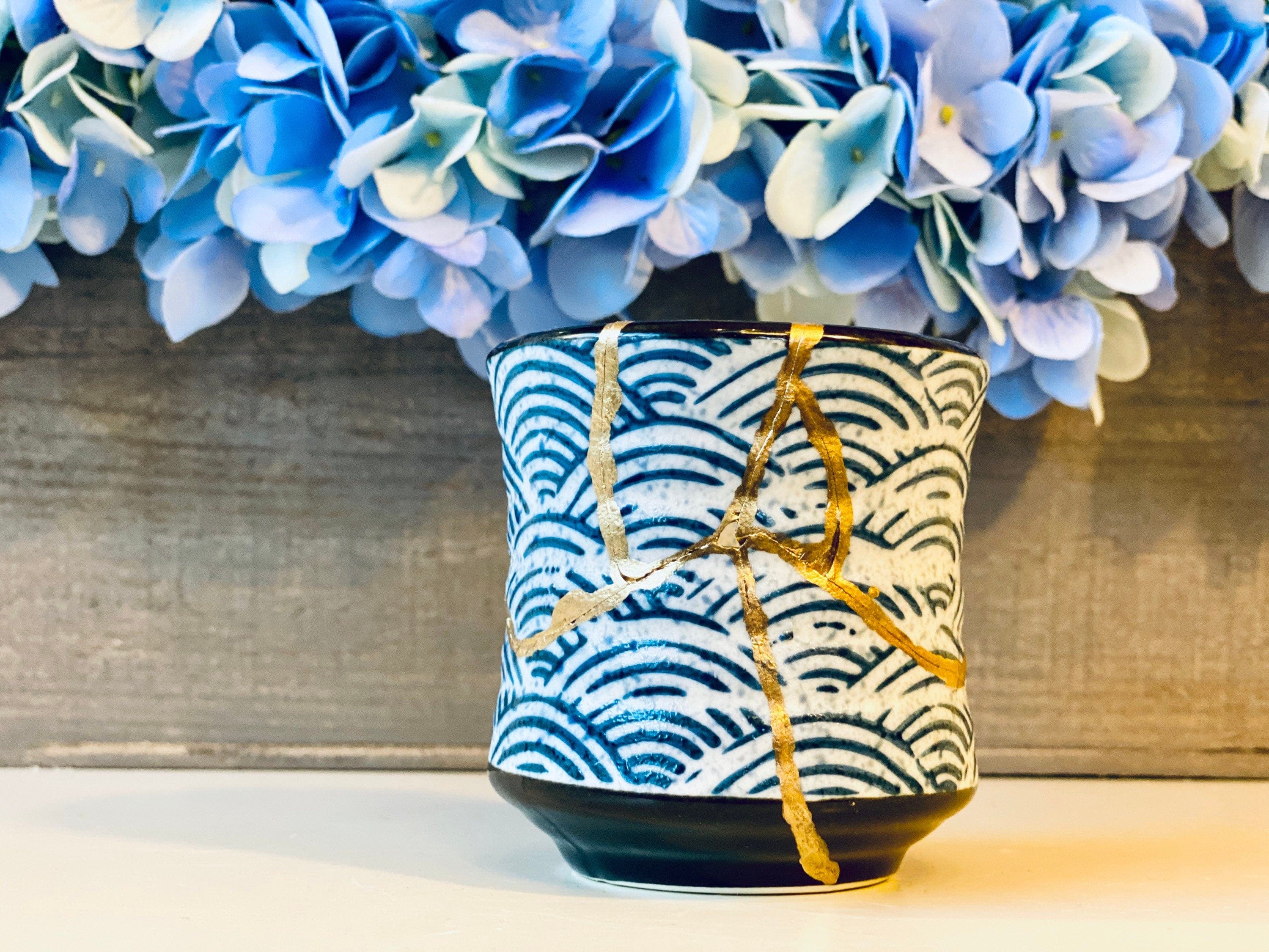 Kintsugi Repaired Blue Scale Stoneware Sake Cup