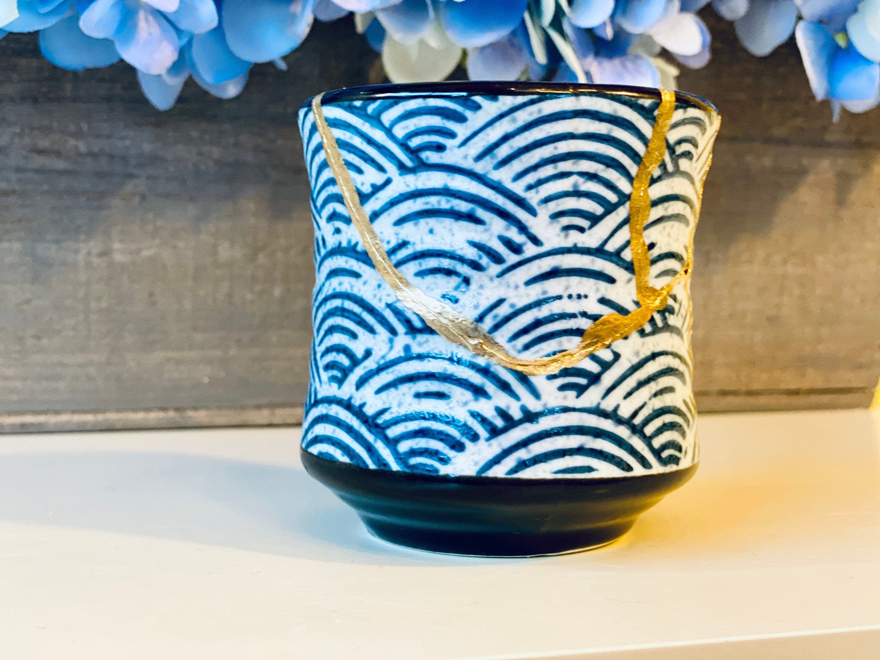 Kintsugi Repaired Blue Scale Stoneware Sake Cup
