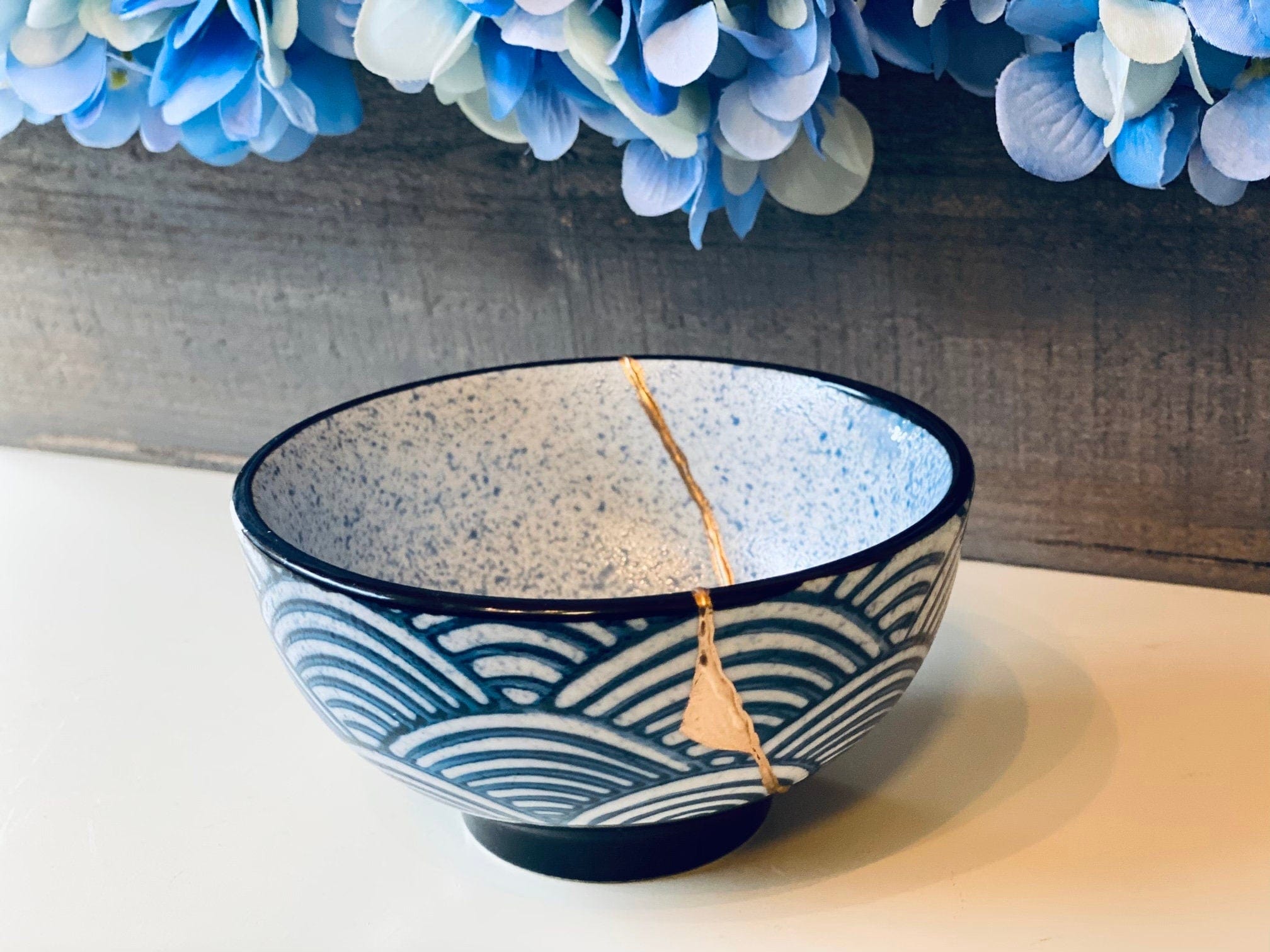 Kintsugi Repaired Blue Stoneware Scale Pattern Bowl