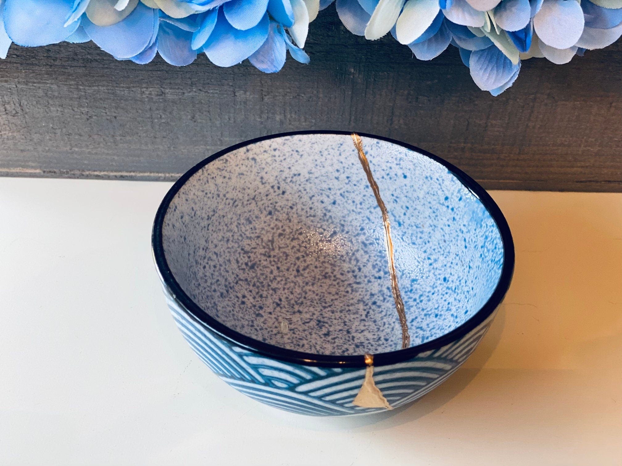 Kintsugi Repaired Blue Stoneware Scale Pattern Bowl