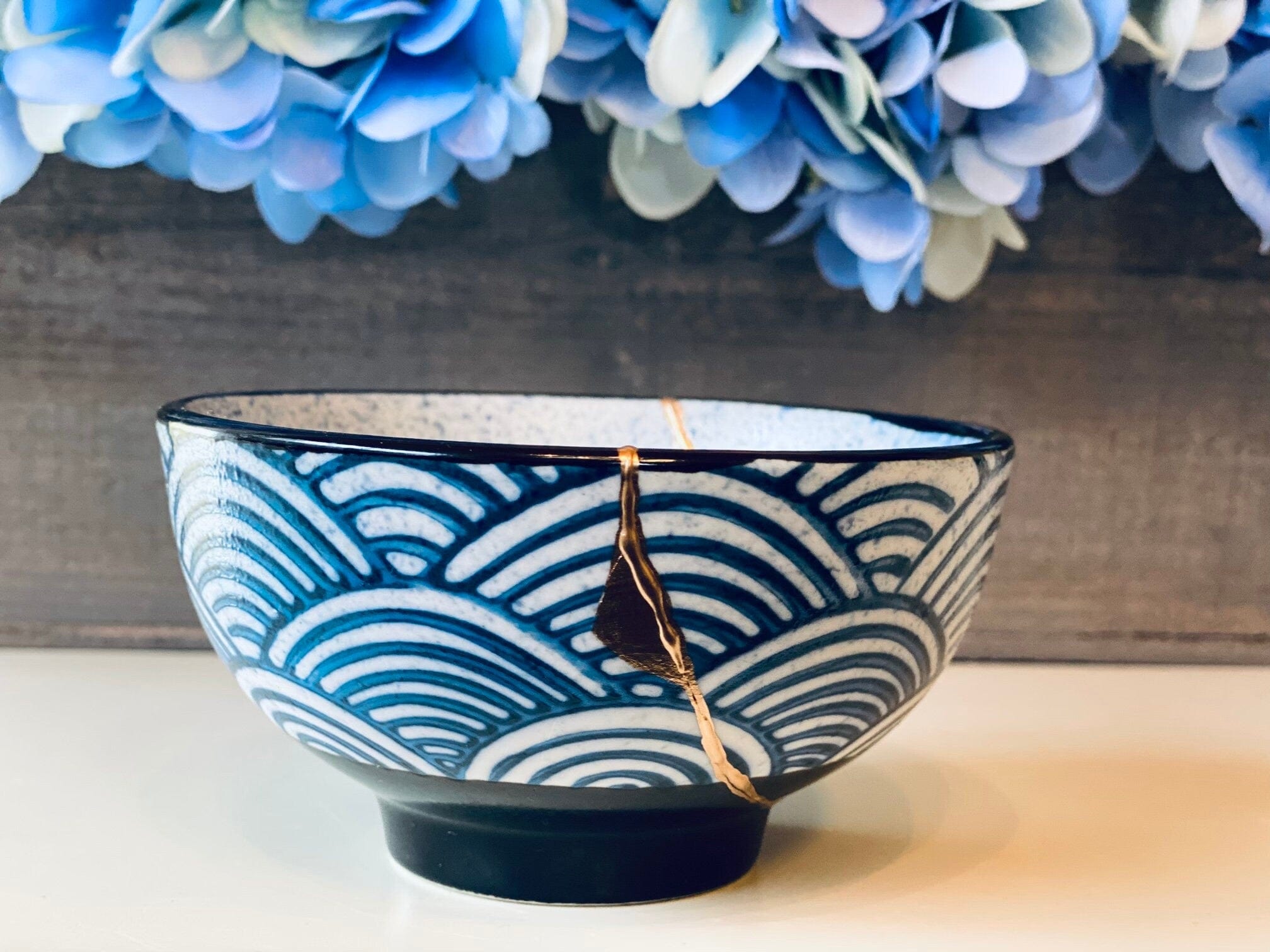 Kintsugi Repaired Blue Stoneware Scale Pattern Bowl