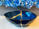 Kintsugi Repaired Reactive Glaze Cat-Eye Blue Egg Bowl Gold Inlaid