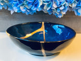 Kintsugi Repaired Reactive Glaze Cat-Eye Blue Egg Bowl Gold Inlaid