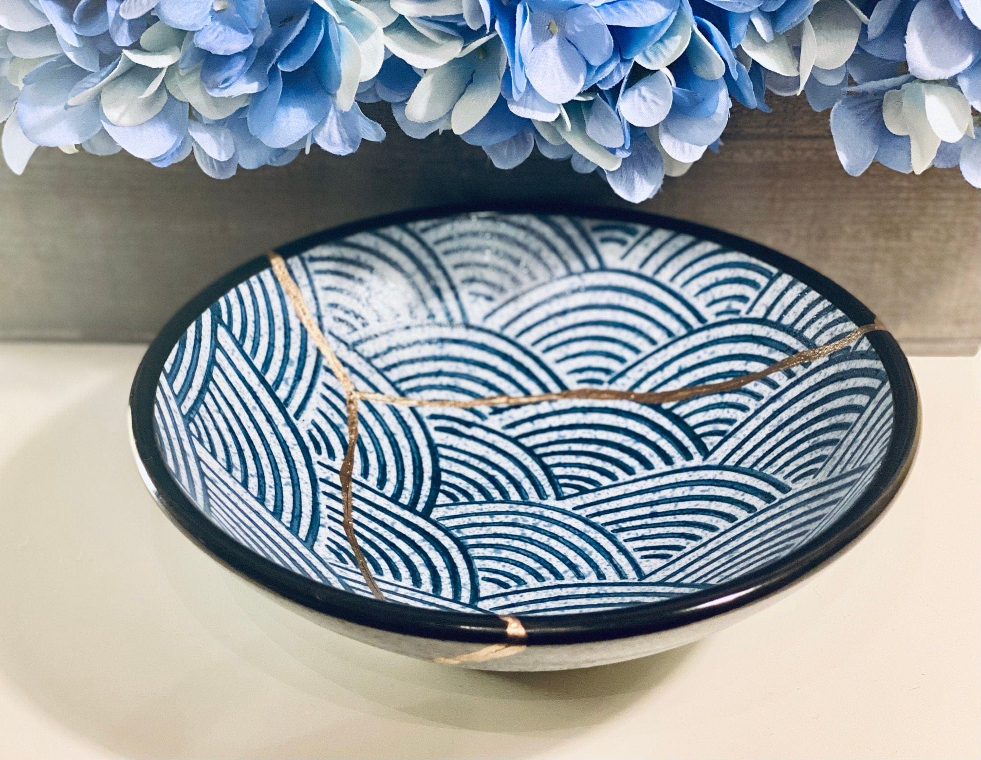 Kintsugi Repaired Blue Stoneware Scale Pattern Bowl