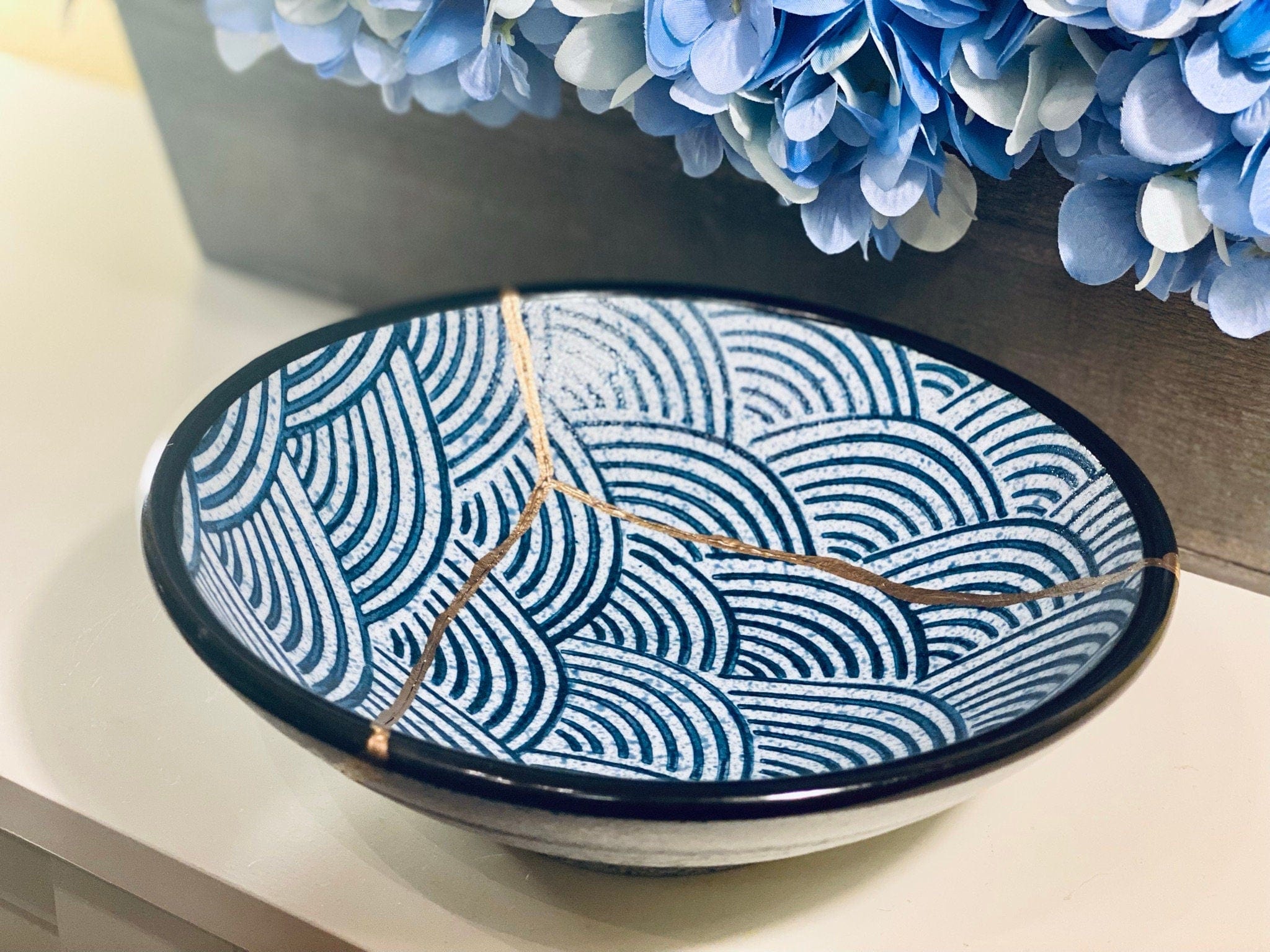 Kintsugi Repaired Blue Stoneware Scale Pattern Bowl
