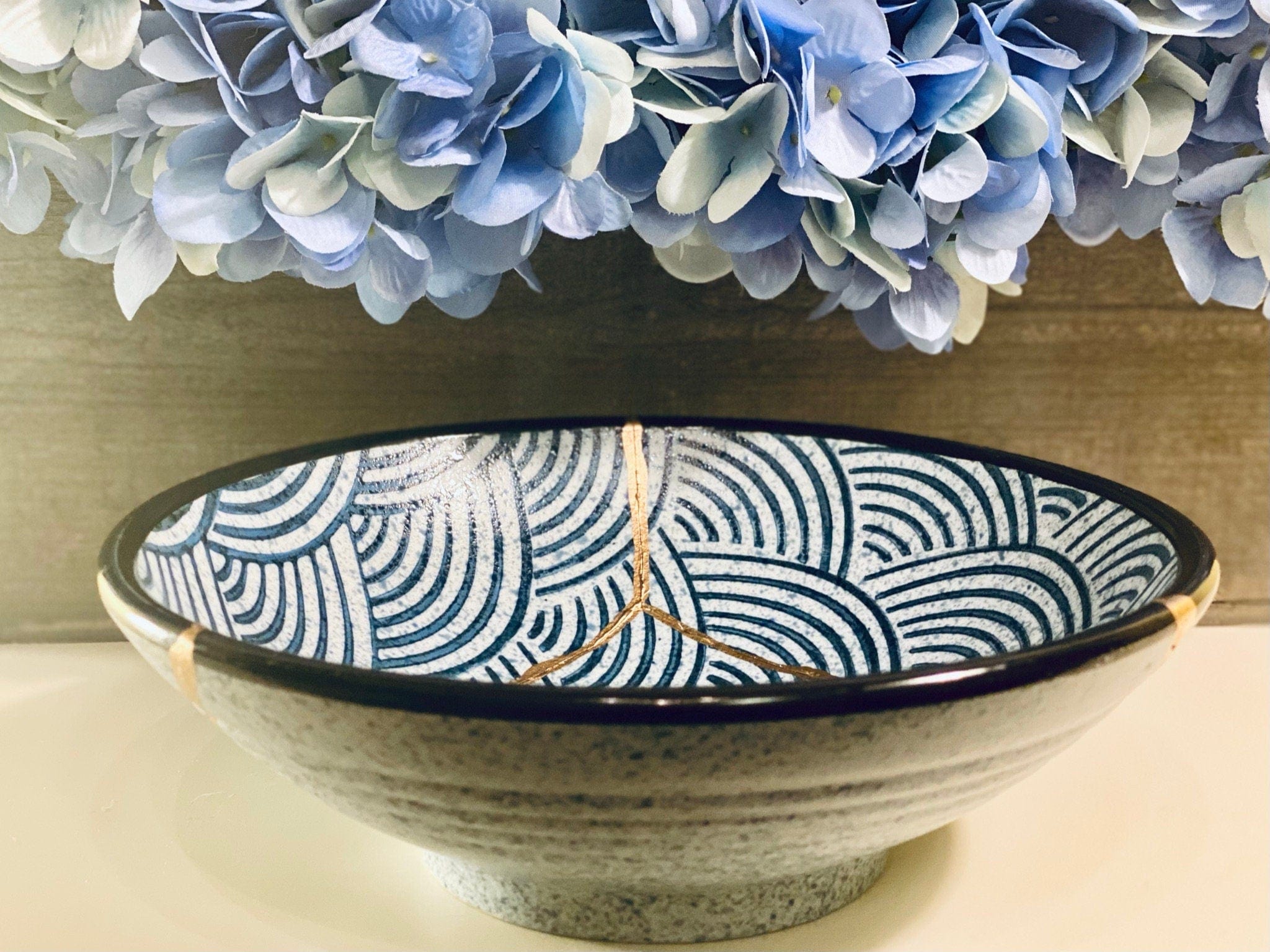 Kintsugi Repaired Blue Stoneware Scale Pattern Bowl