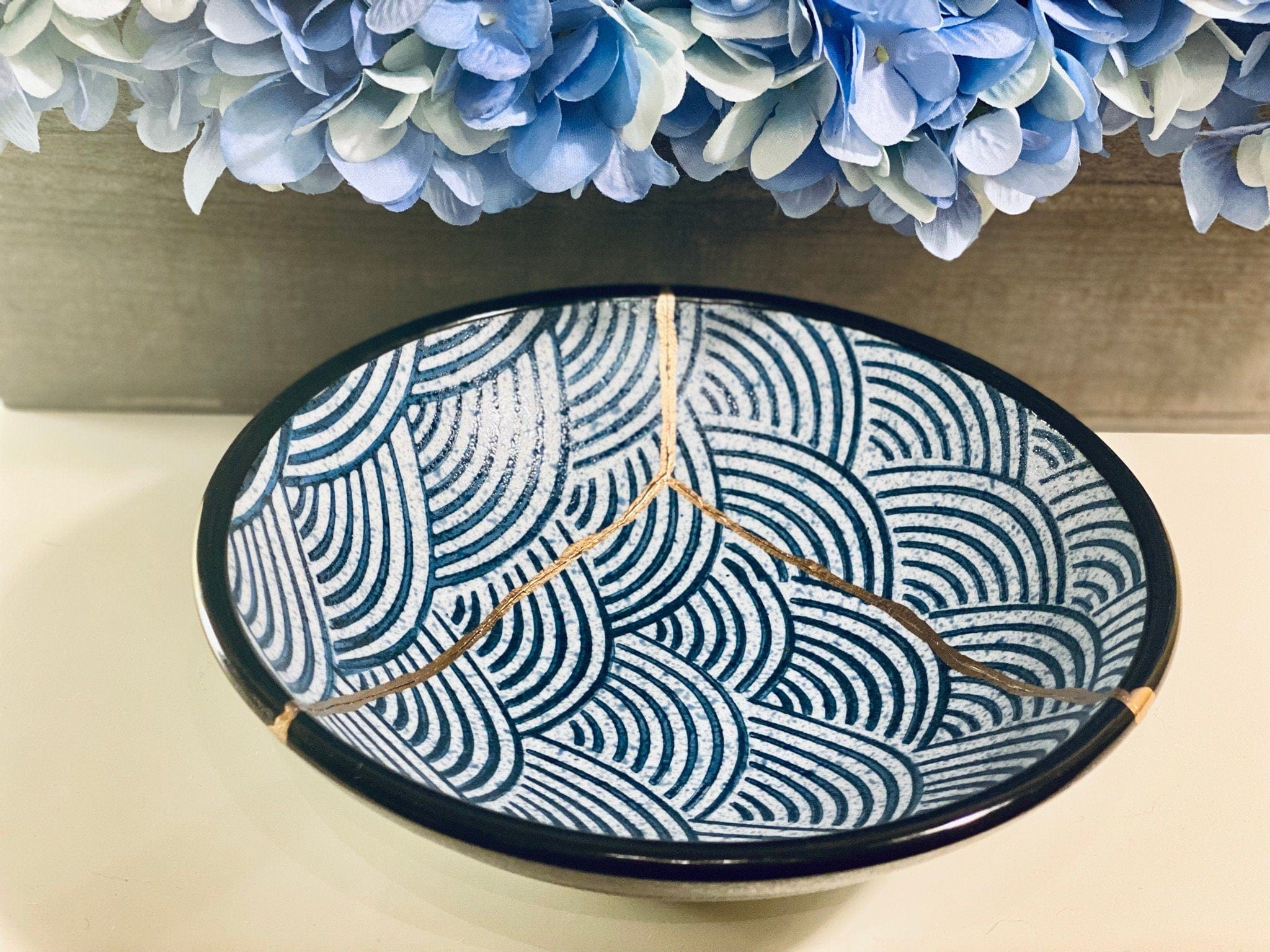 Kintsugi Repaired Blue Stoneware Scale Pattern Bowl