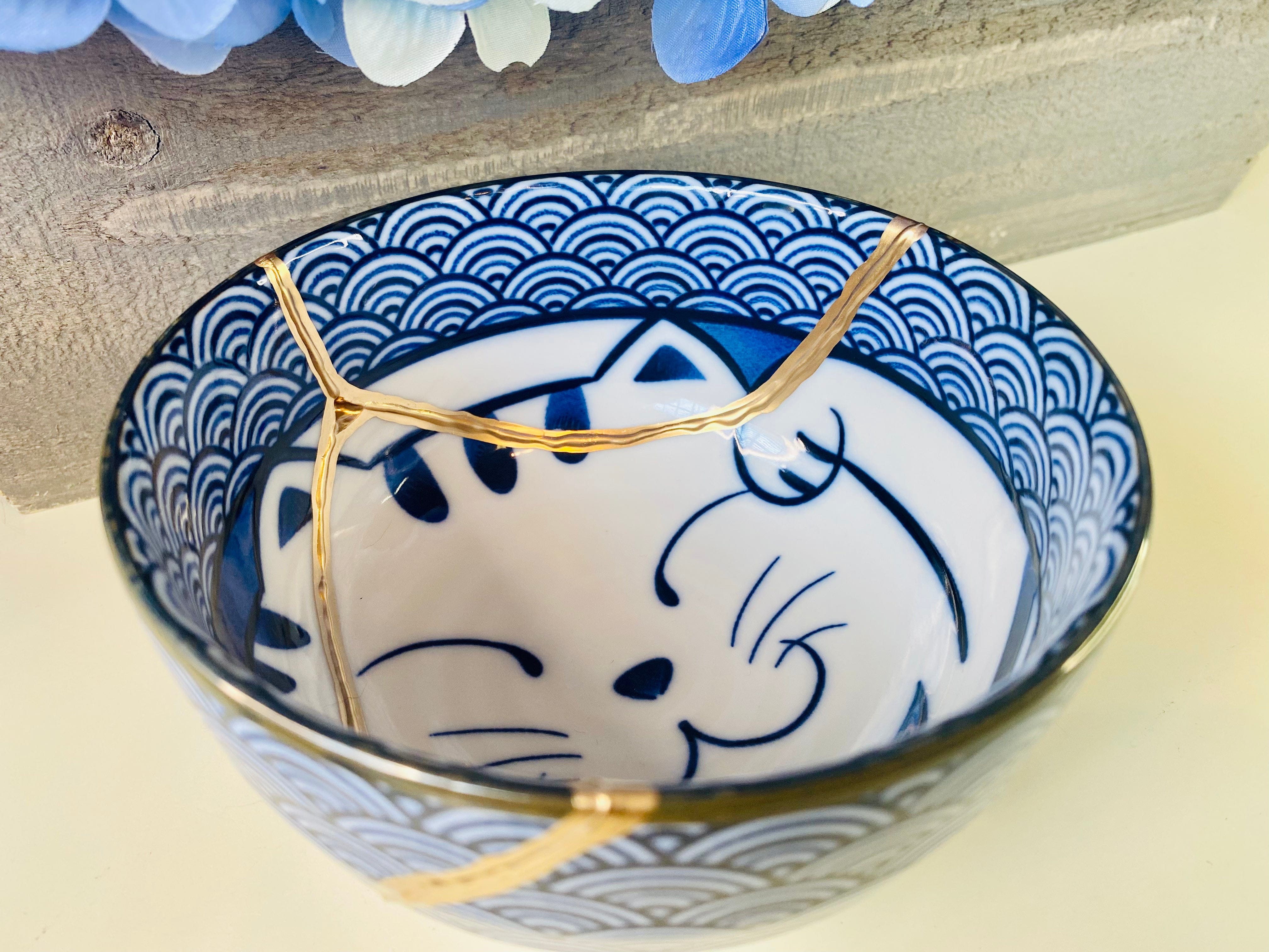 Kintsugi Blue Wave Cat Bowl