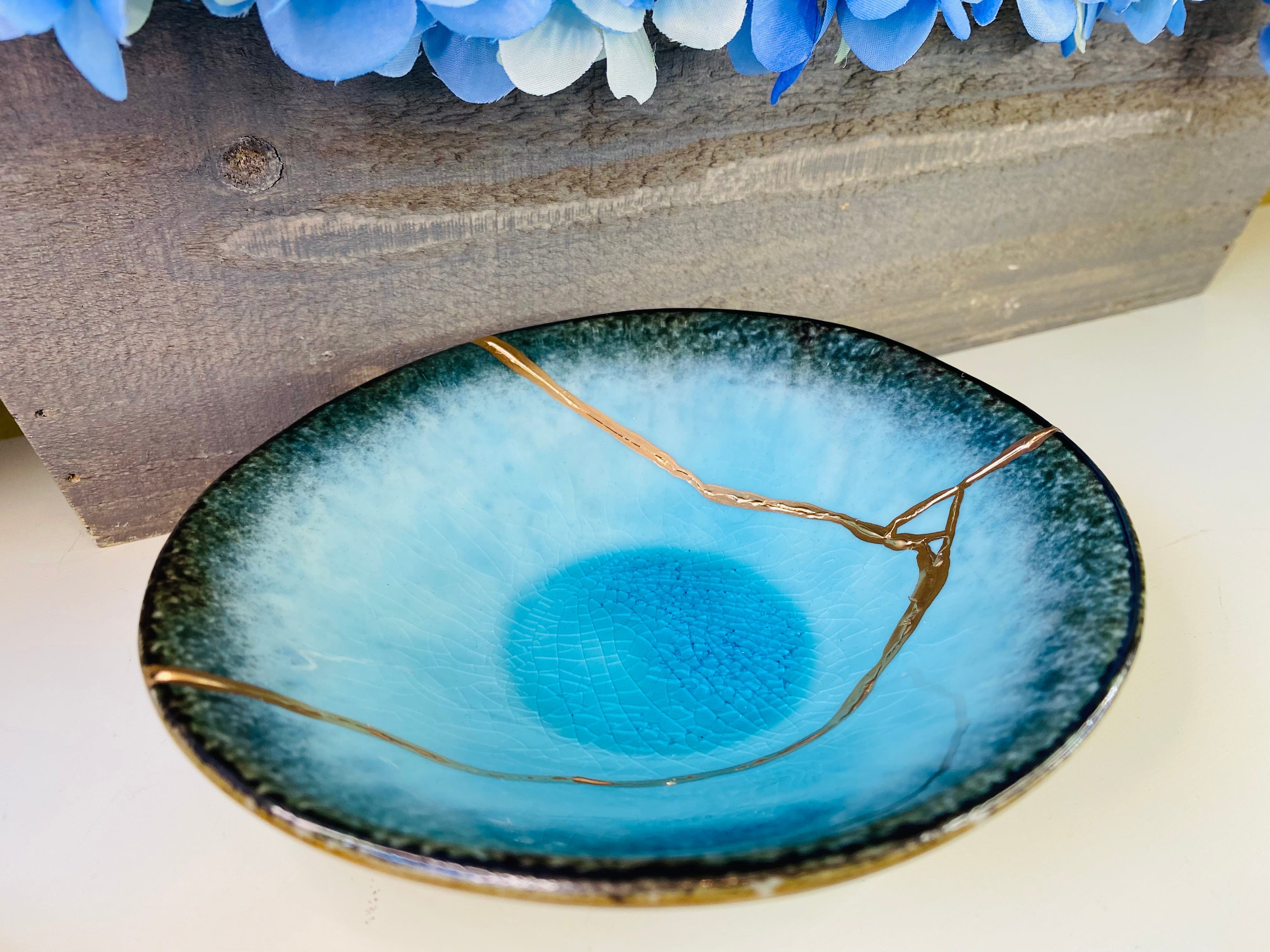 Kintsugi Pottery Aqua Kintsugi Trinket Dish, Personalized Gifts, Summer Gifts, Ombre Style, Kintsugi Aqua Blue Trinket Dish
