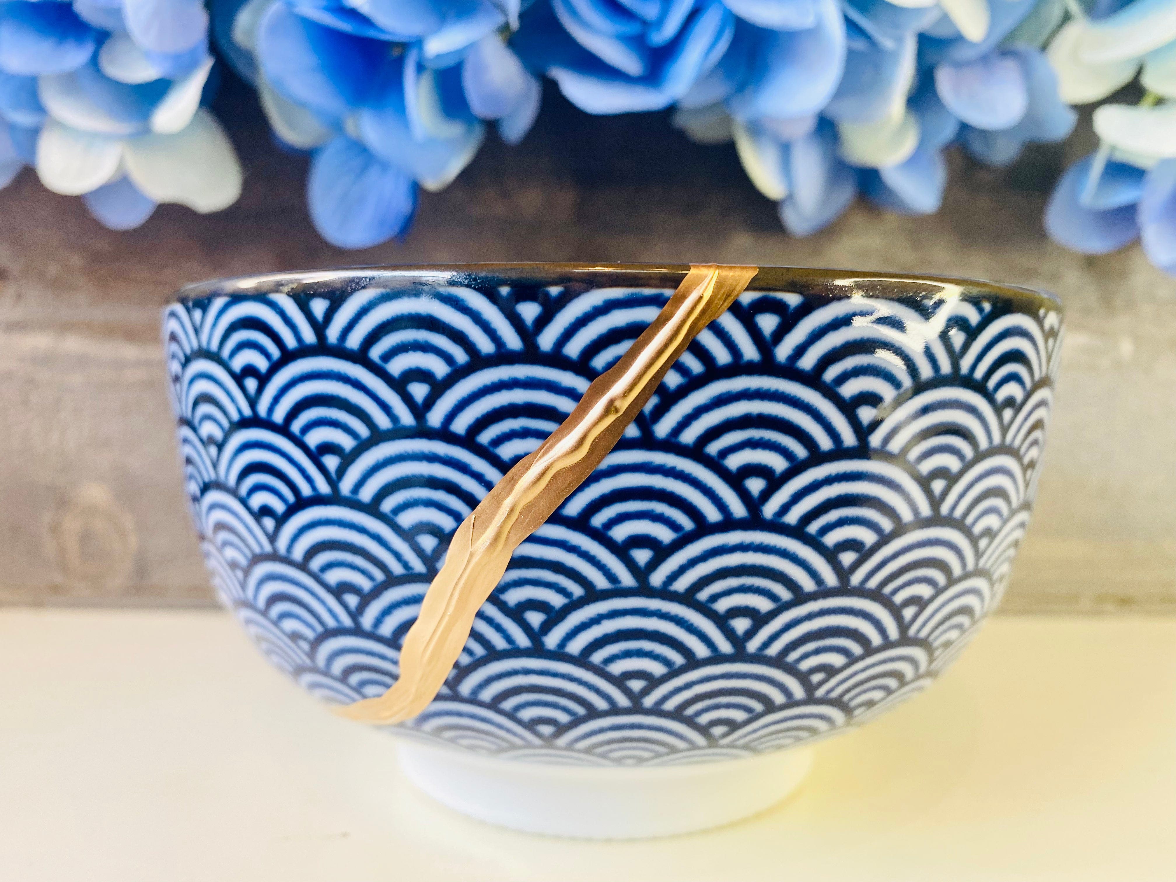 Kintsugi Blue Wave Cat Bowl
