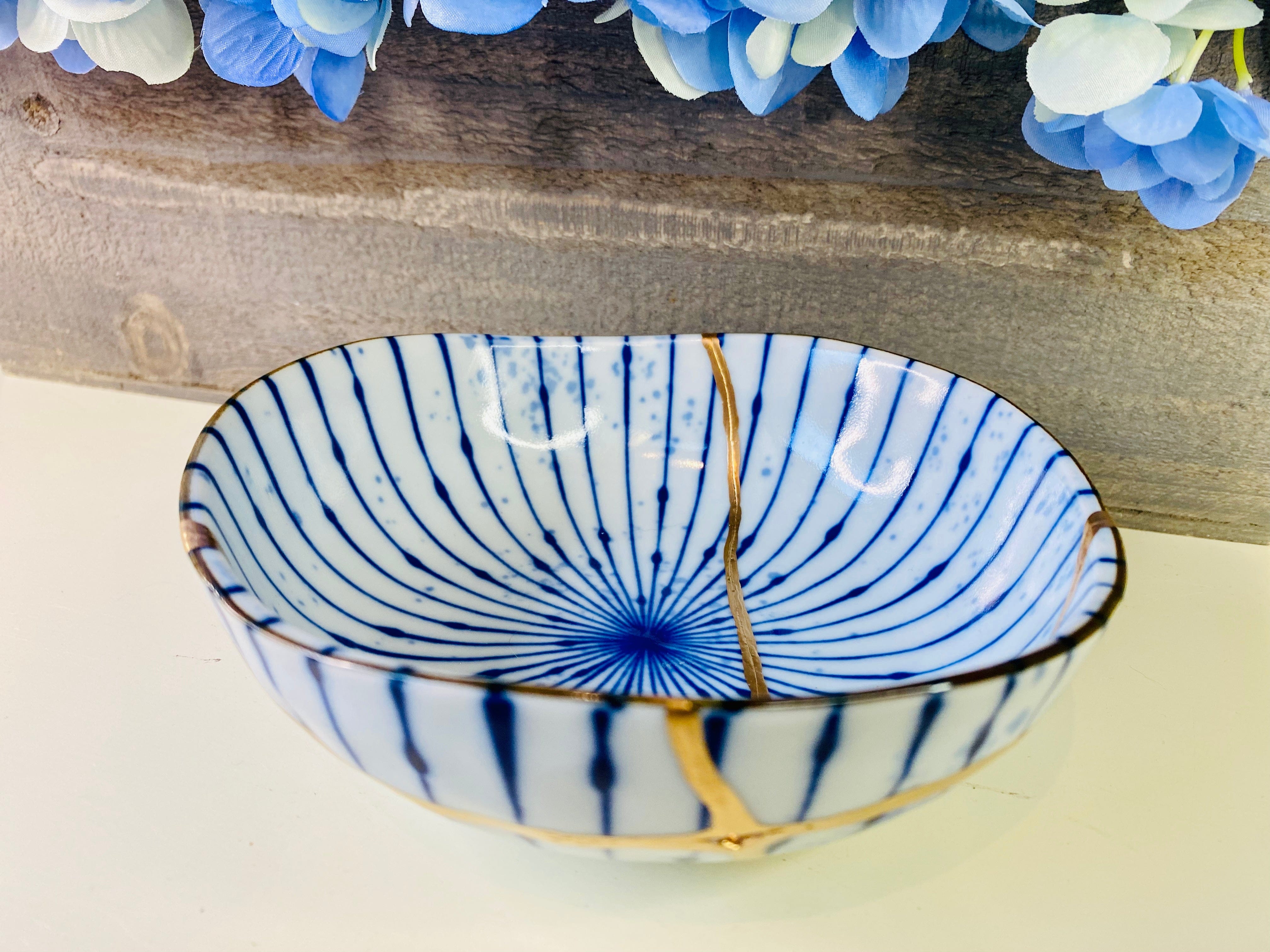 Kintsugi Blue Striped Irregular  Bowl