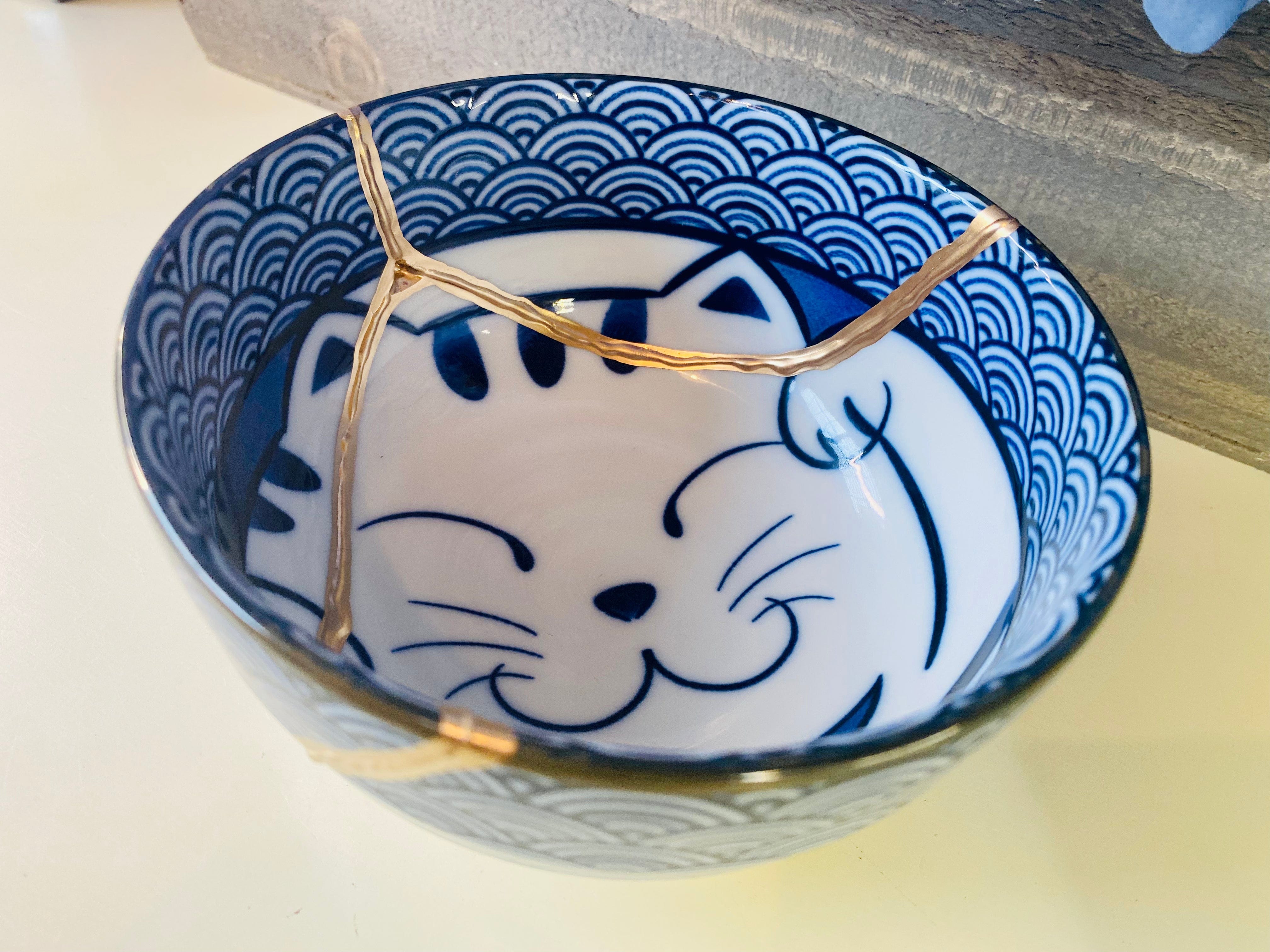 Kintsugi Blue Wave Cat Bowl