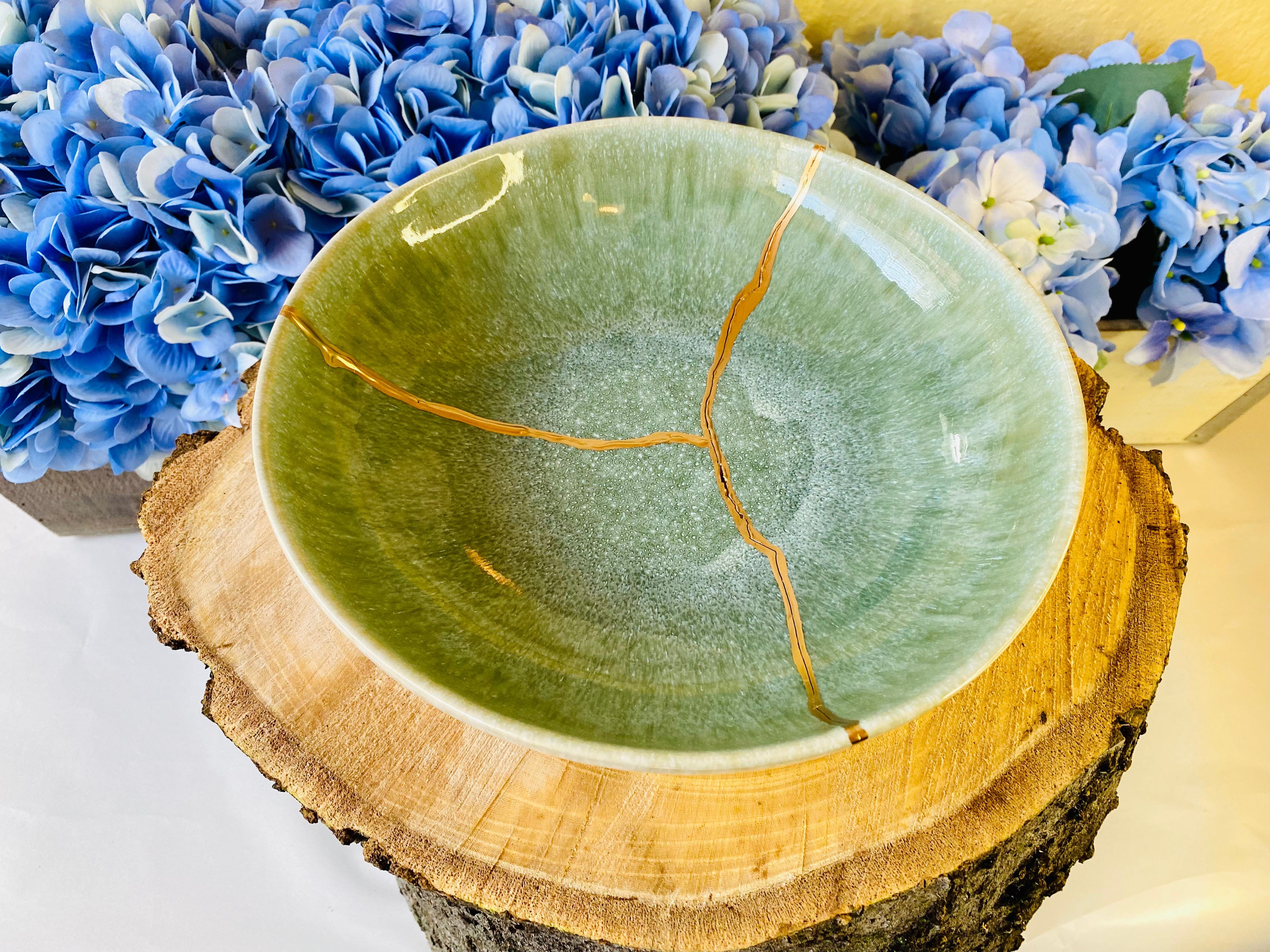 Kintsugi Repaired Reactive Celadon Green Bowl