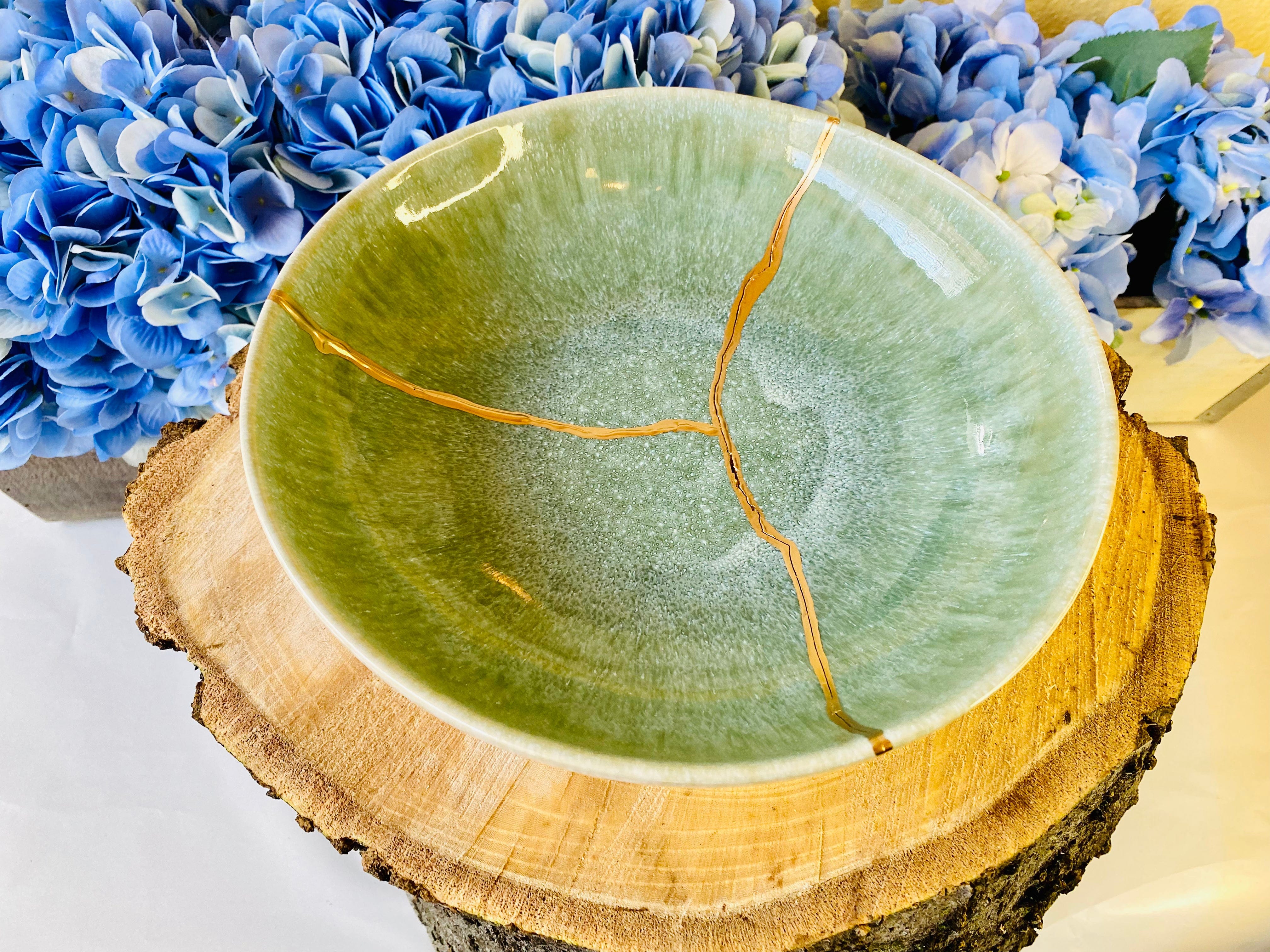 Kintsugi Repaired Reactive Celadon Green Bowl