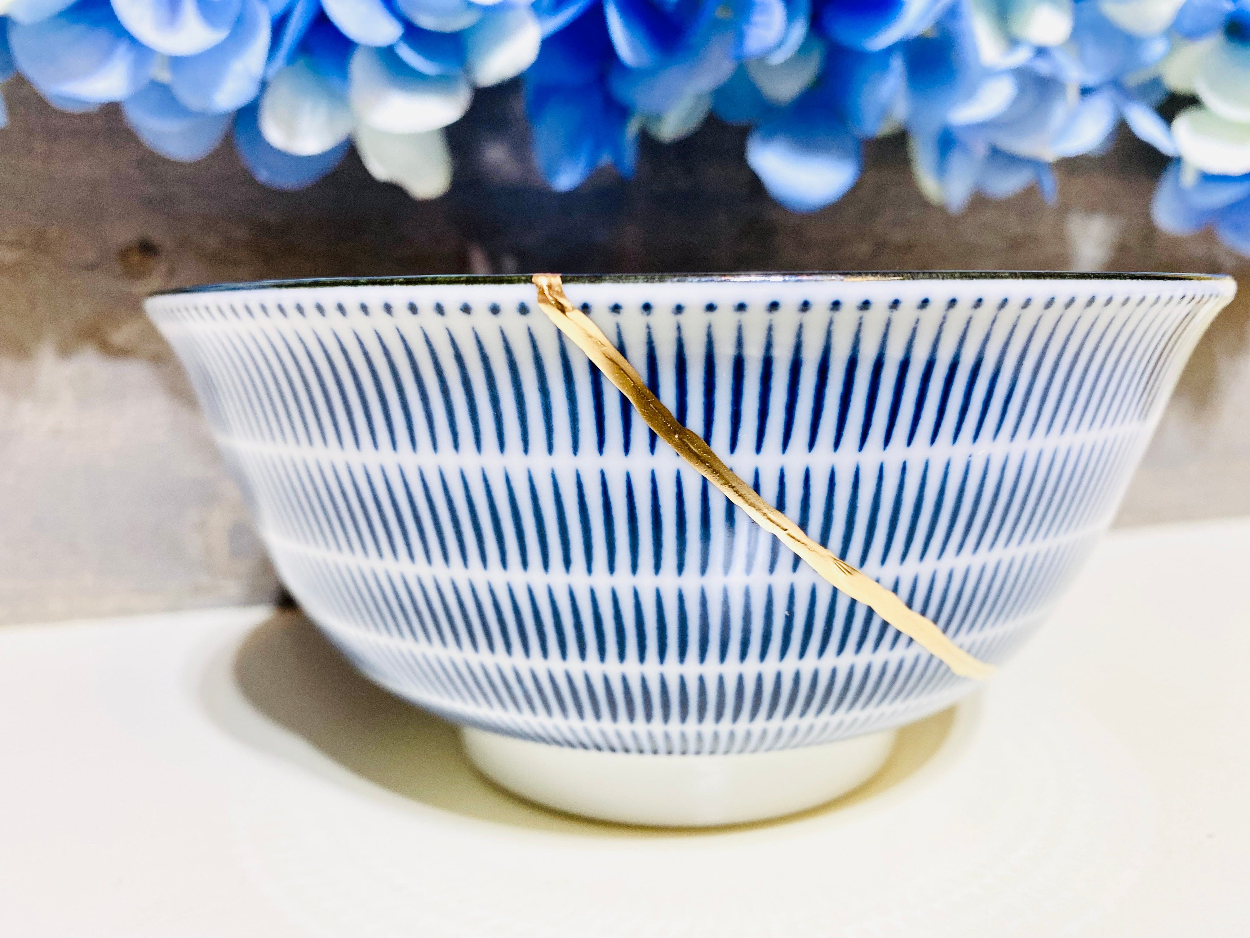 Kintsugi Repaired Japanese Blue Spiral Bowl