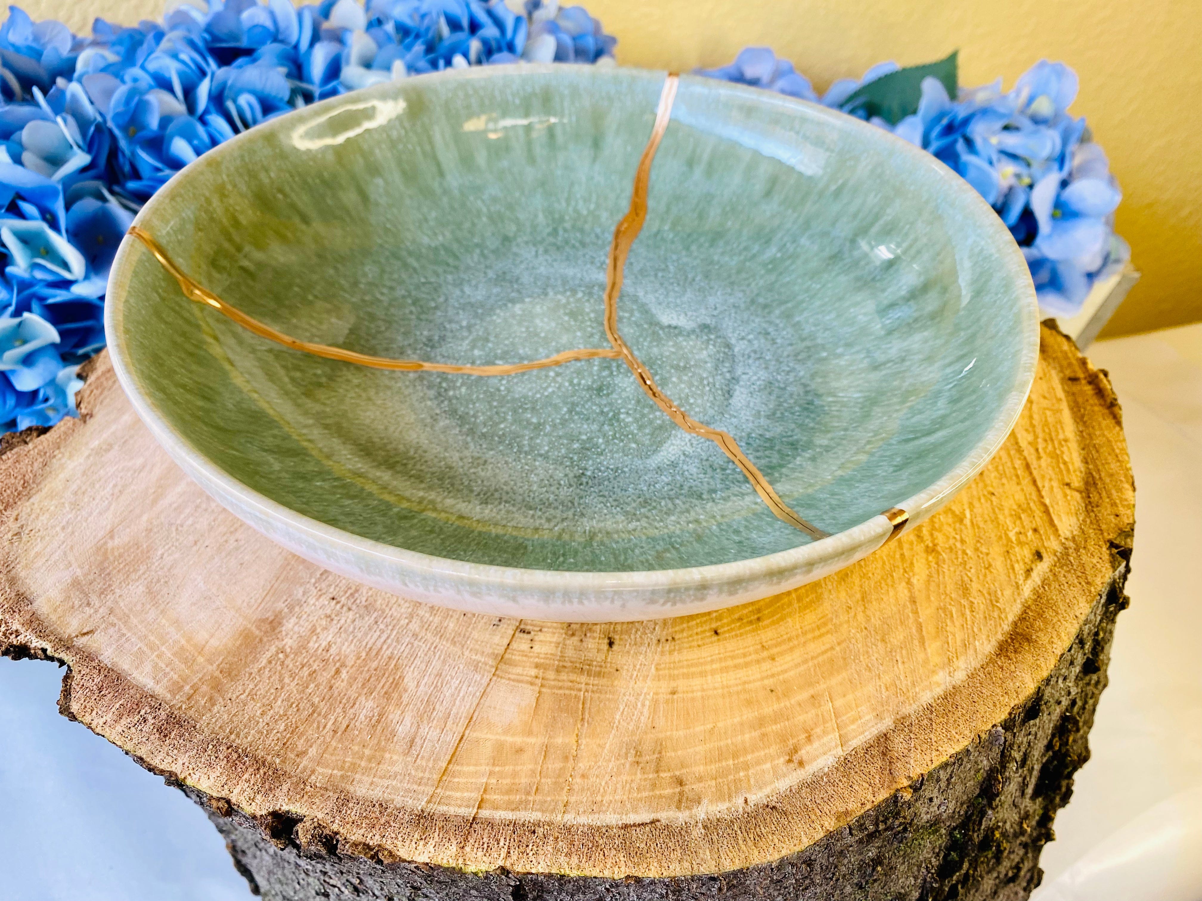 Kintsugi Repaired Reactive Celadon Green Bowl