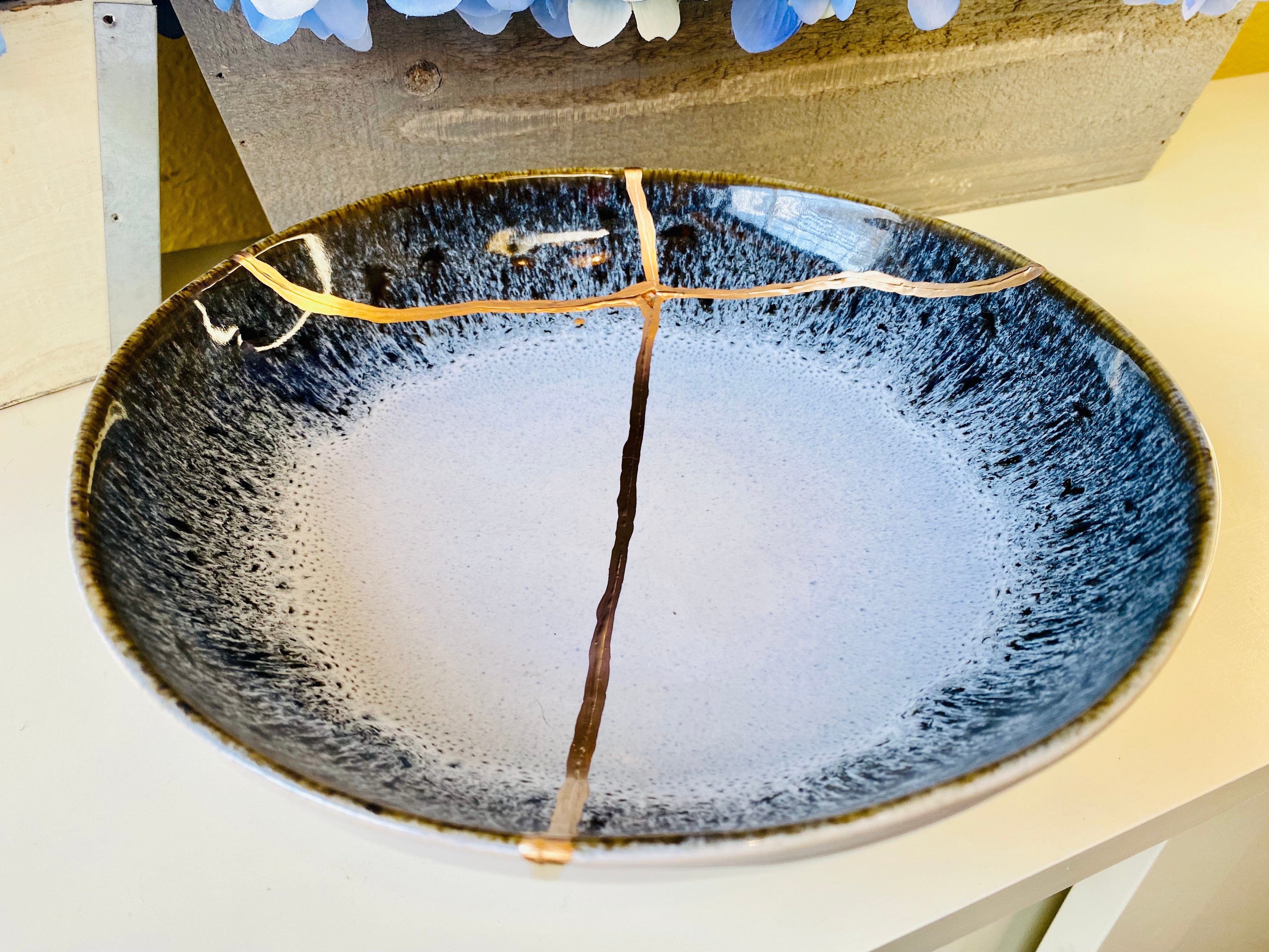 Kintsugi Gold Repair Large Reactive Crackle Bowl