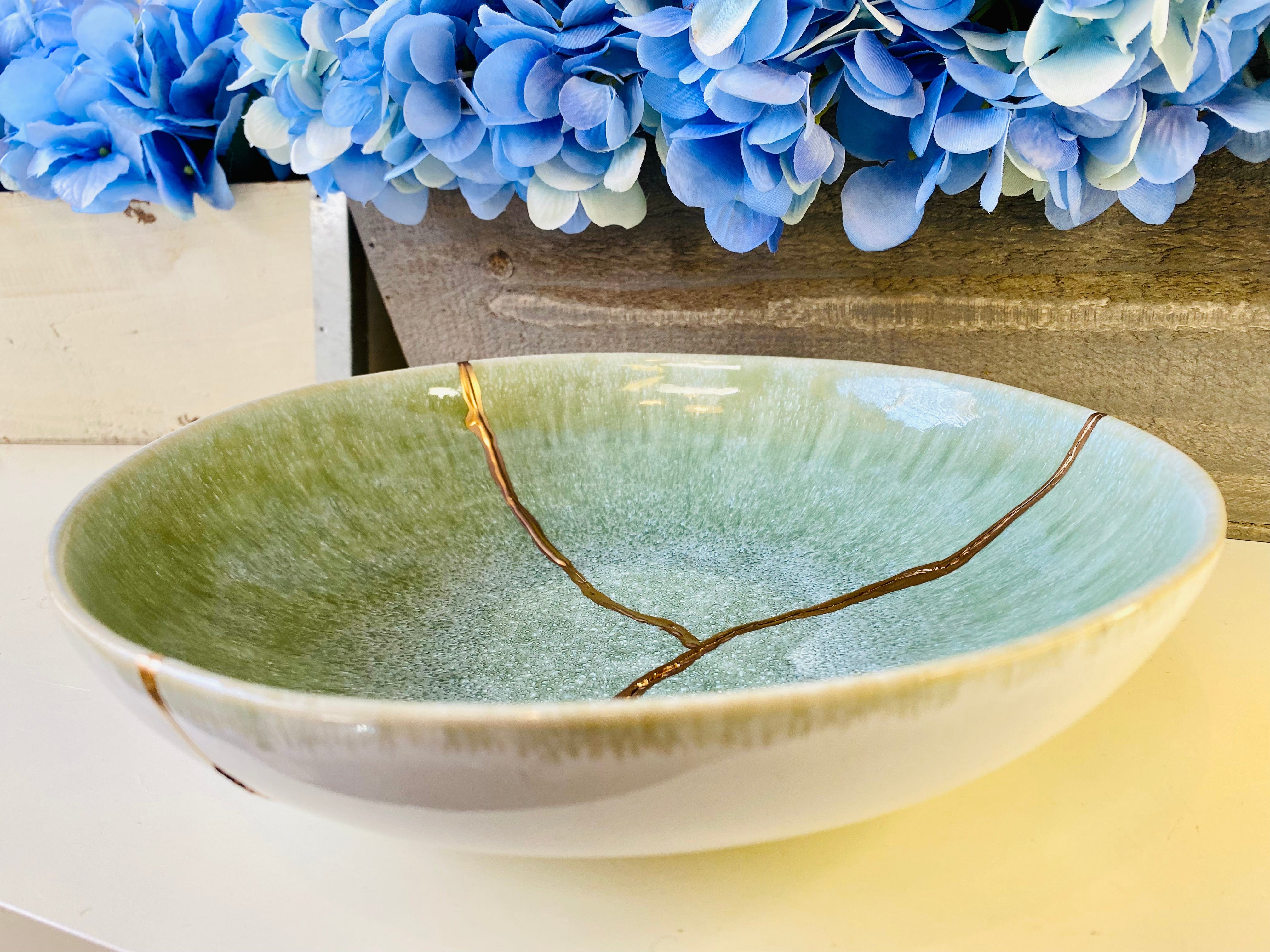Kintsugi Repaired Reactive Celadon Green Bowl