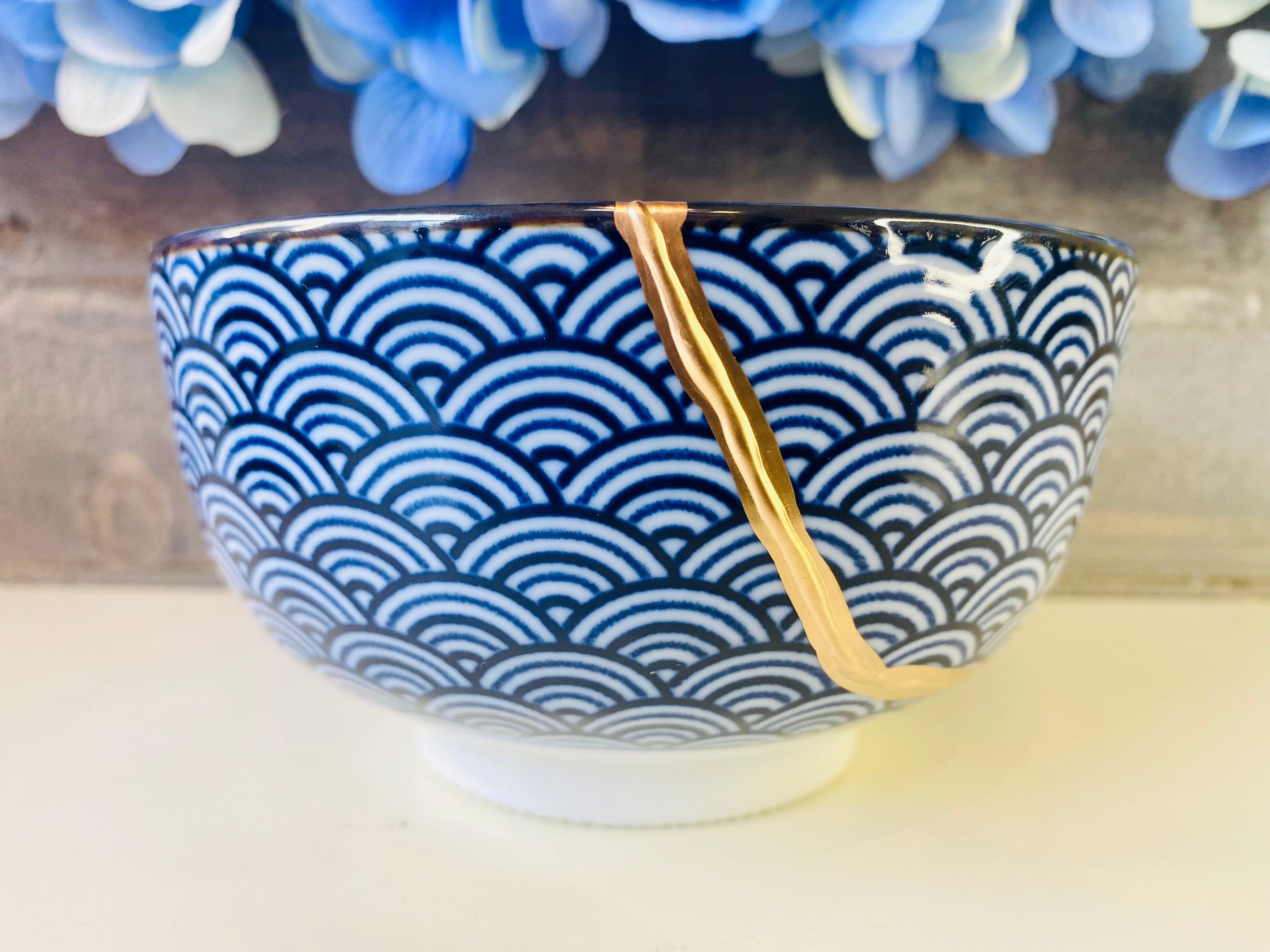 Kintsugi Blue Wave Cat Bowl