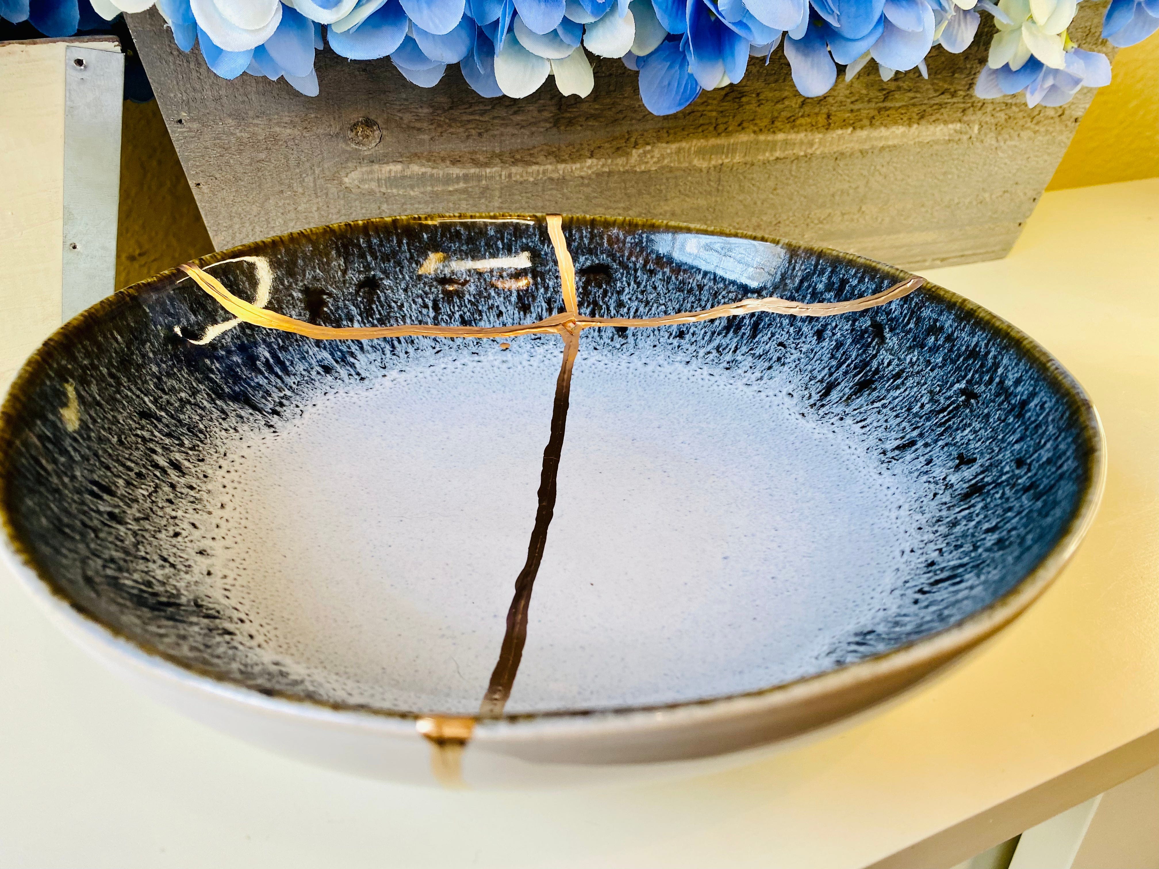 Kintsugi Gold Repair Large Reactive Crackle Bowl