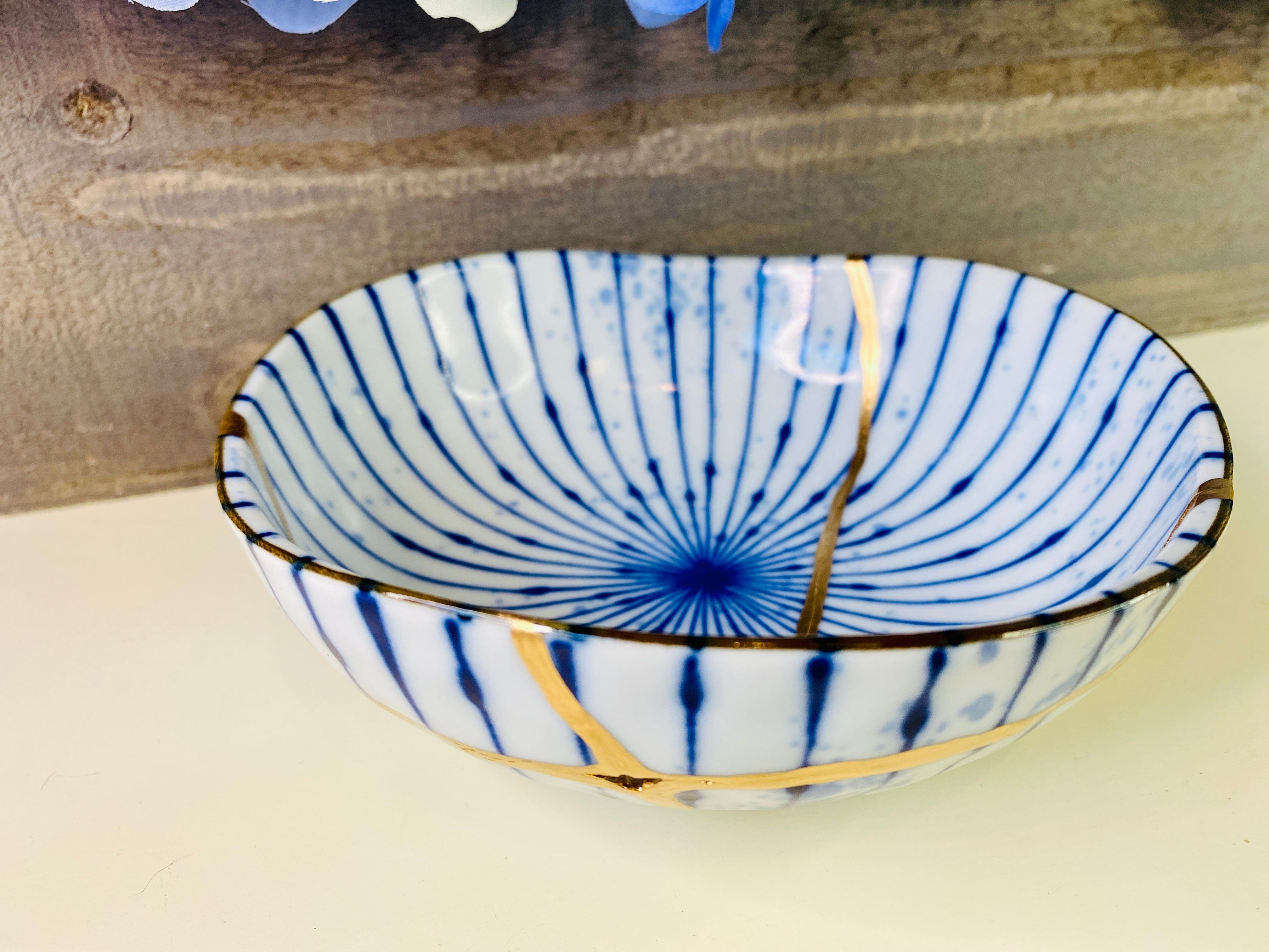 Kintsugi Blue Striped Irregular  Bowl