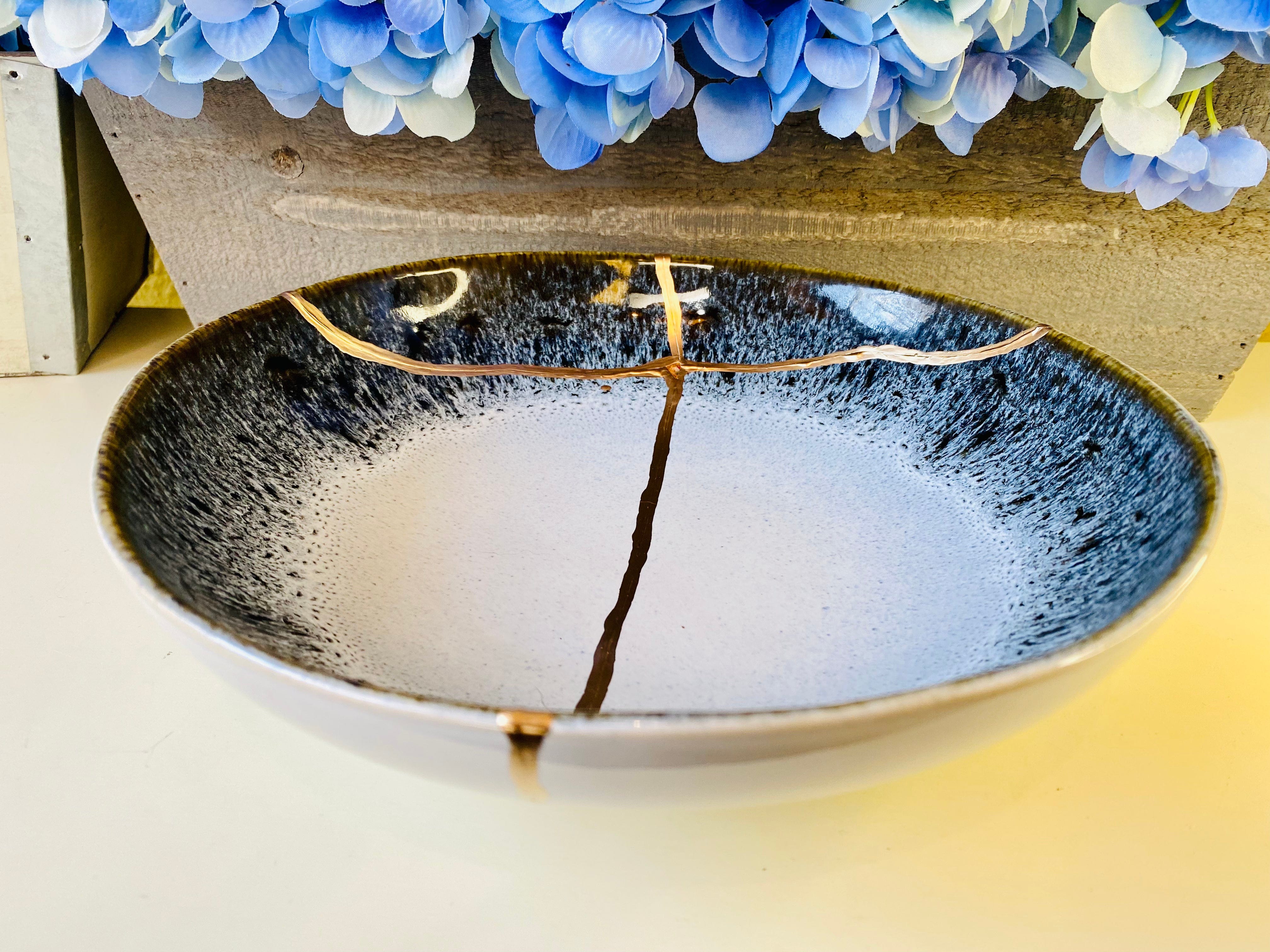 Kintsugi Gold Repair Large Reactive Crackle Bowl