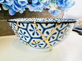 Kintsugi Bowl, Kintsugi Monyou Blue, Kintsugi Pottery, Minimalist, Home Decor, Fall Gifts, Blue and White Lined Ring Dish