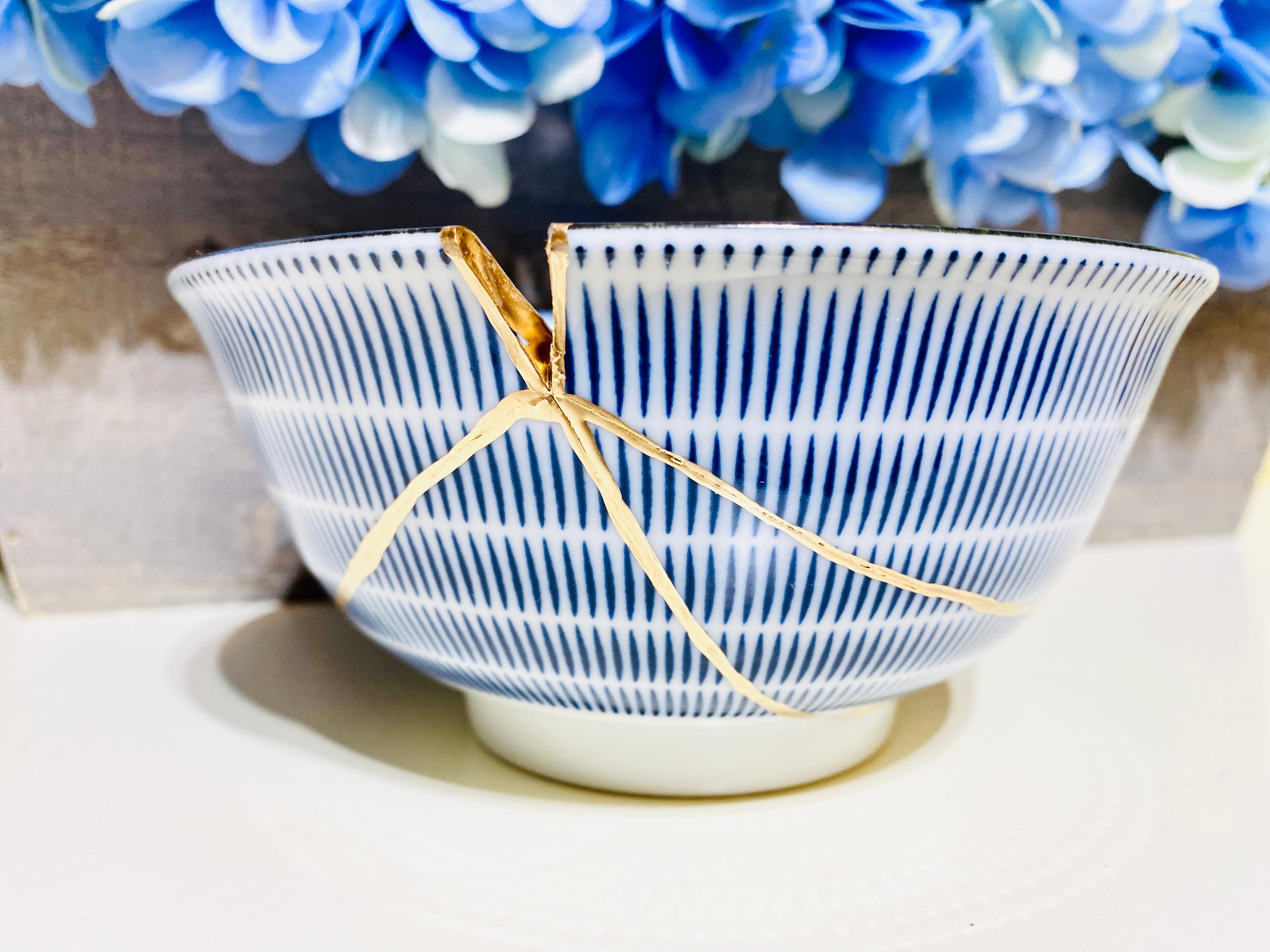 Kintsugi Repaired Japanese Blue Spiral Bowl