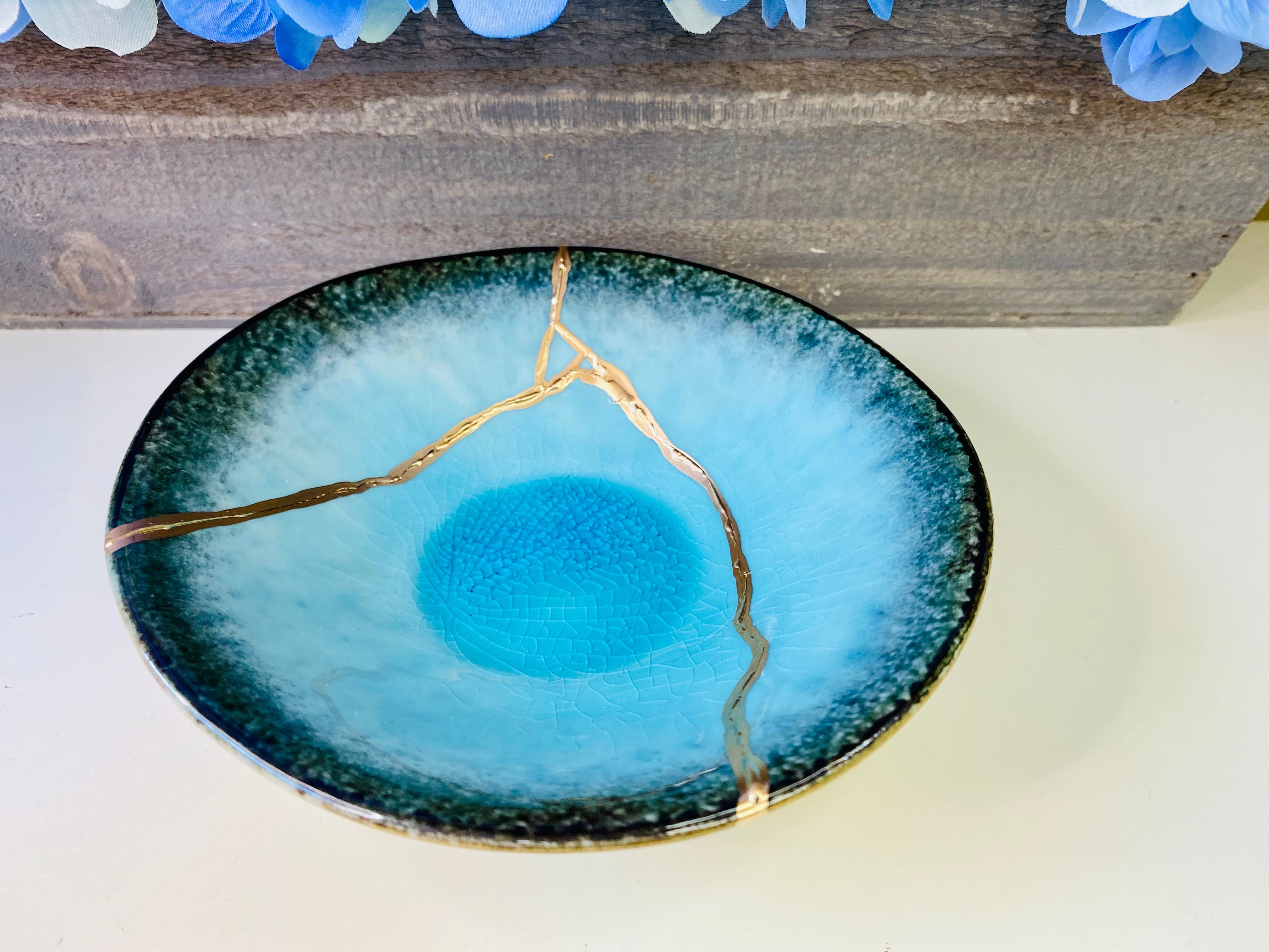 Kintsugi Pottery Aqua Kintsugi Trinket Dish, Personalized Gifts, Summer Gifts, Ombre Style, Kintsugi Aqua Blue Trinket Dish