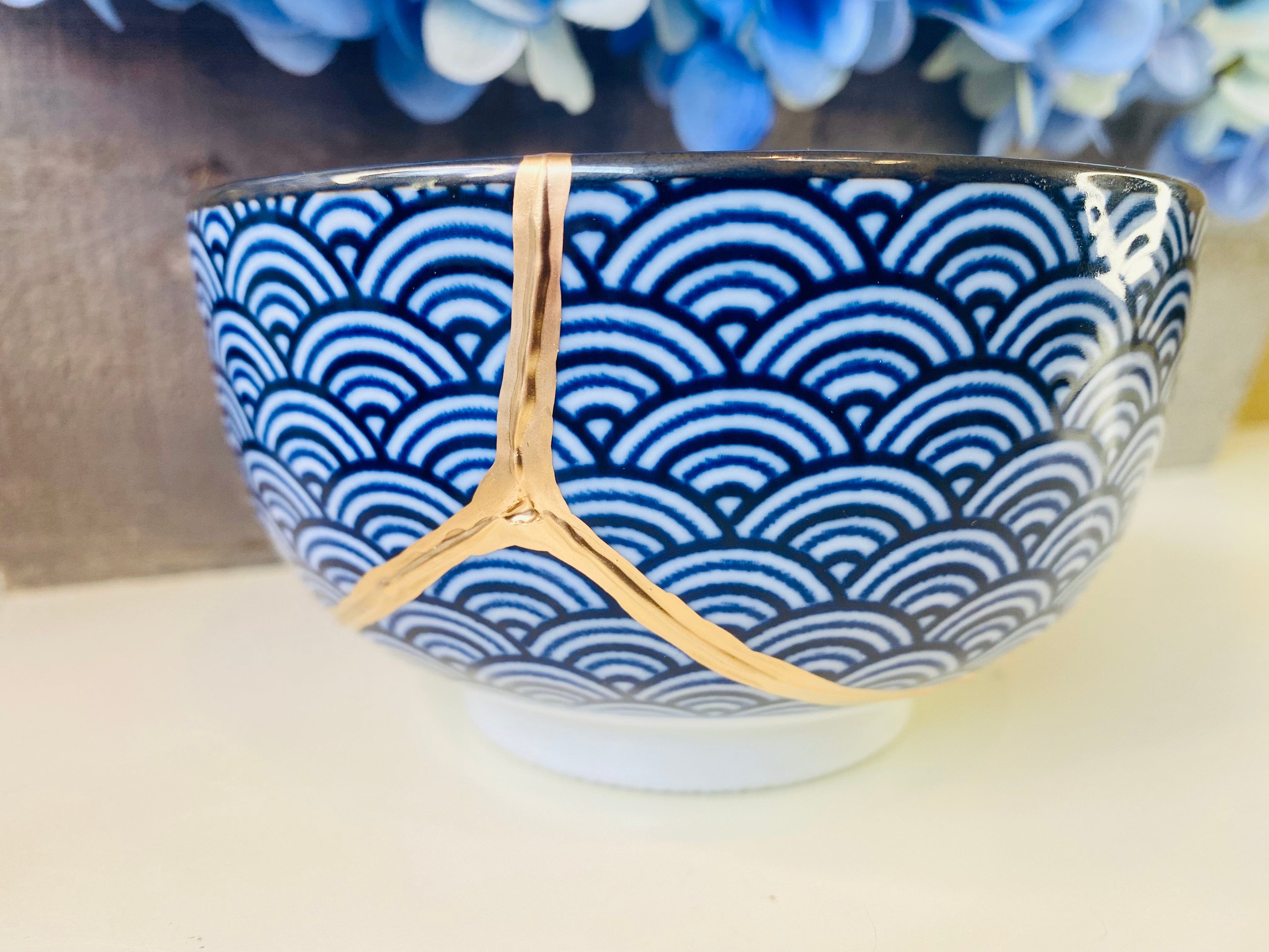 Kintsugi Blue Wave Cat Bowl