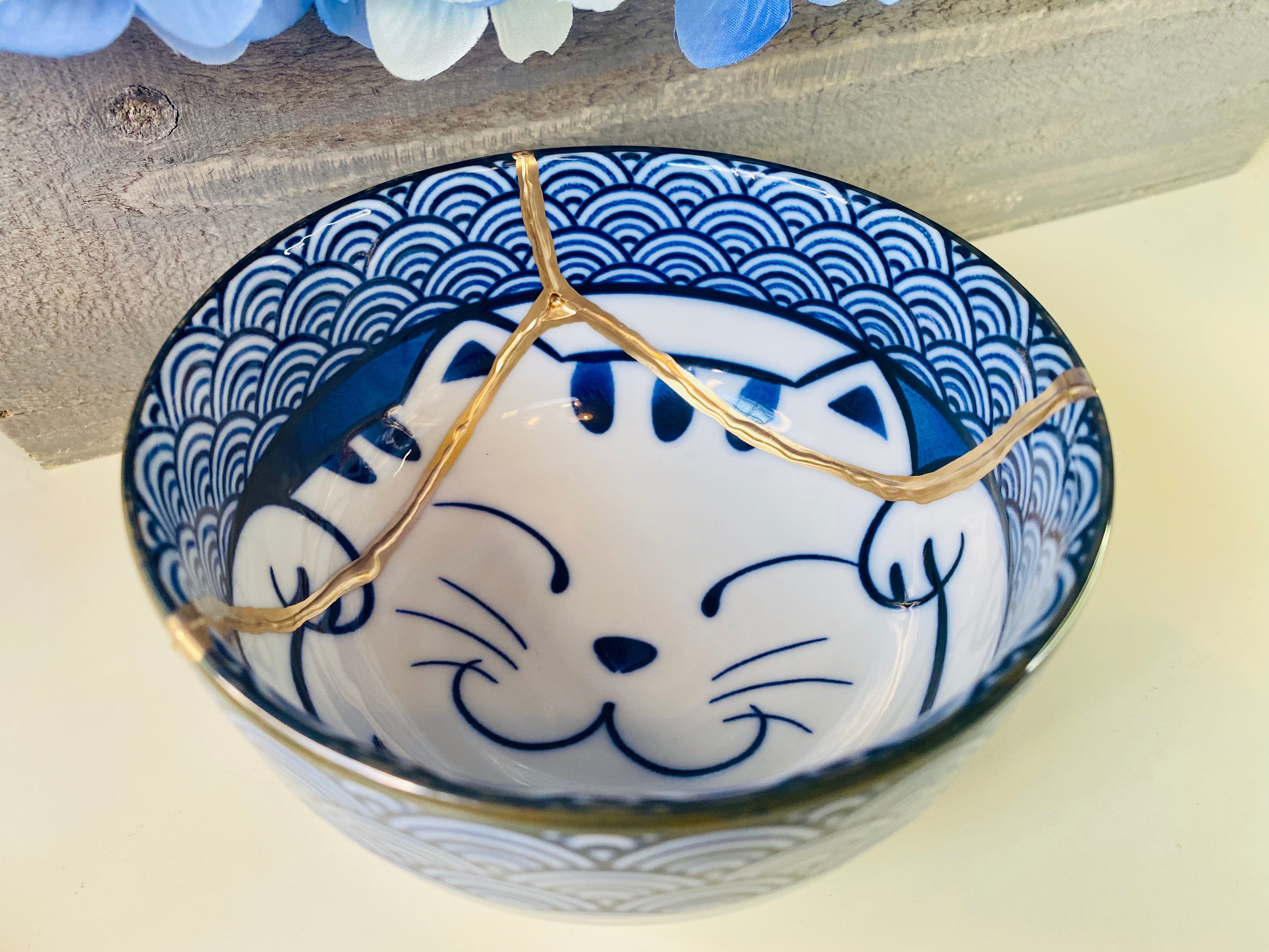 Kintsugi Blue Wave Cat Bowl