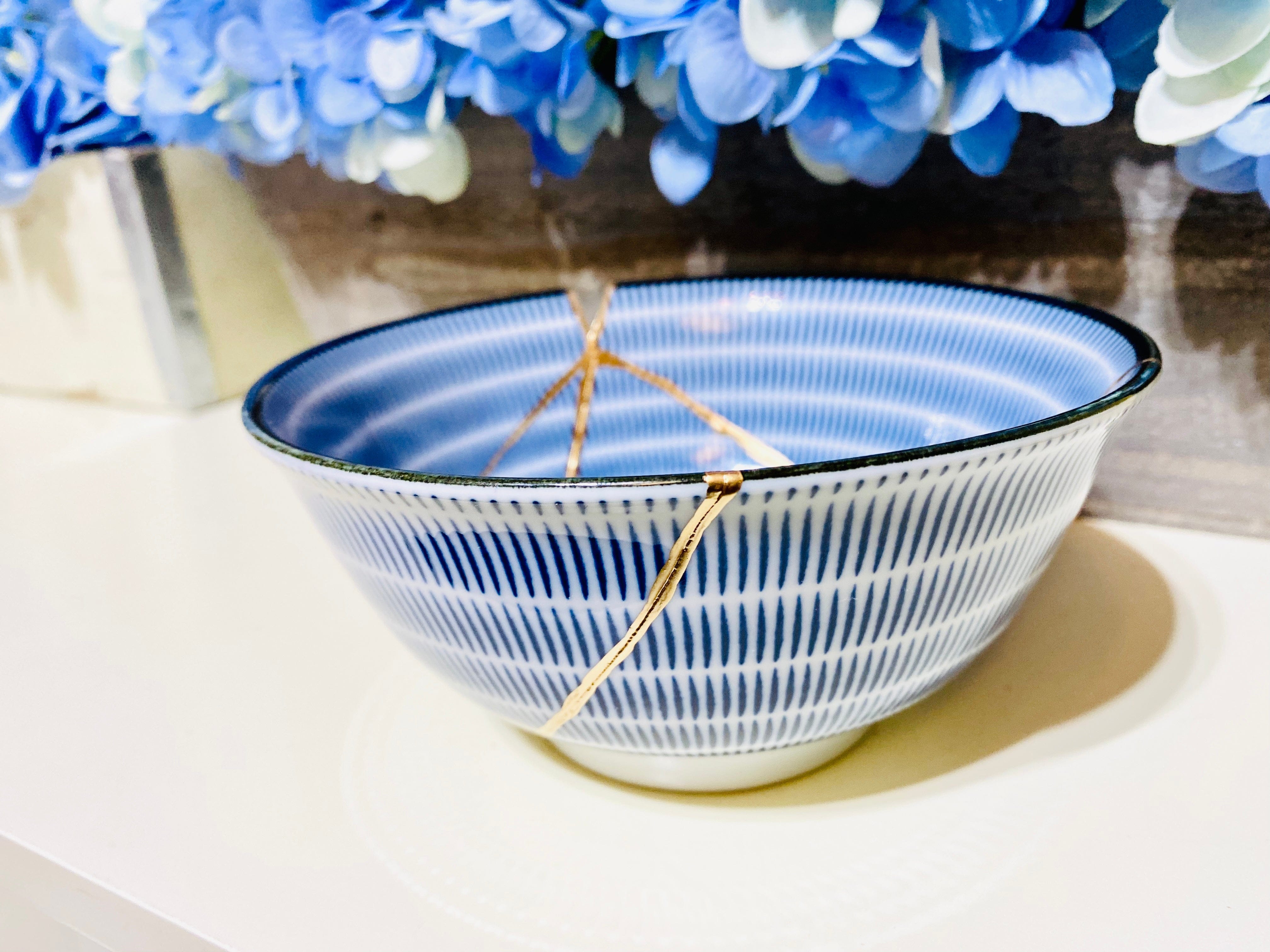Kintsugi Repaired Japanese Blue Spiral Bowl