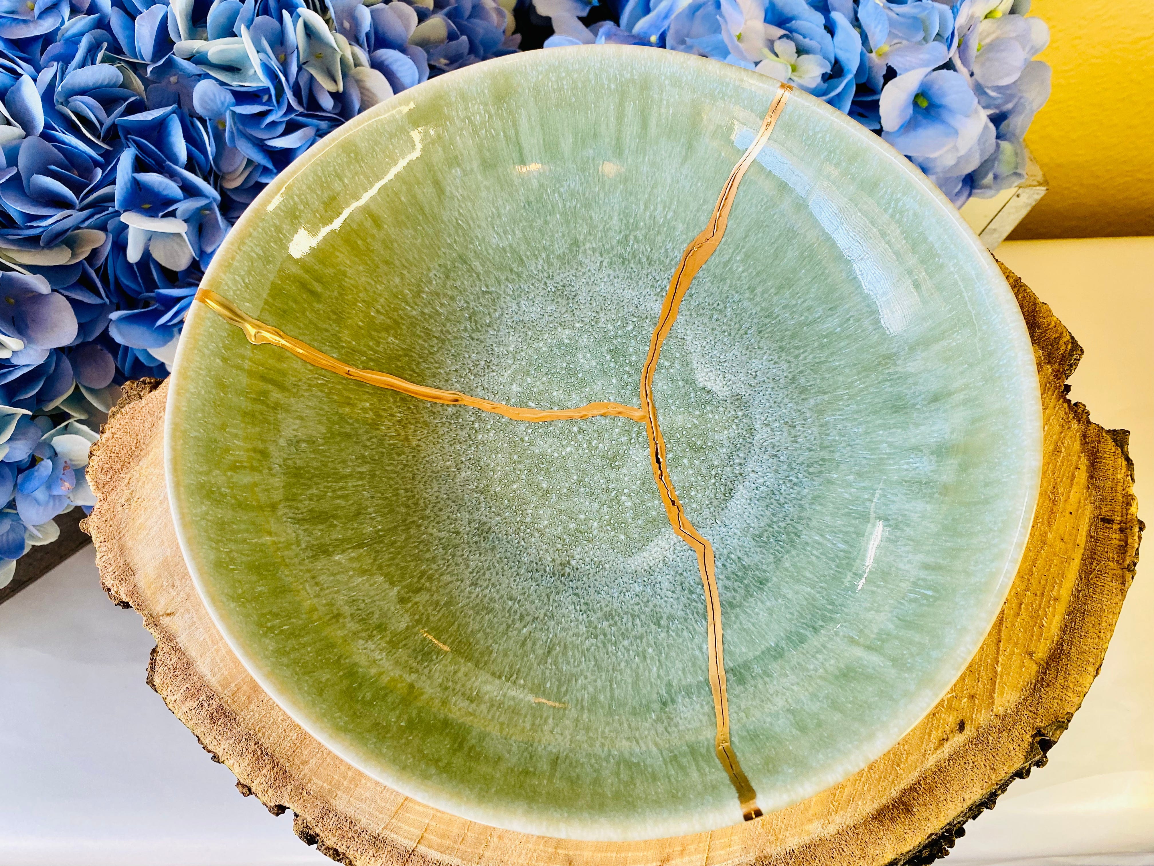 Kintsugi Repaired Reactive Celadon Green Bowl