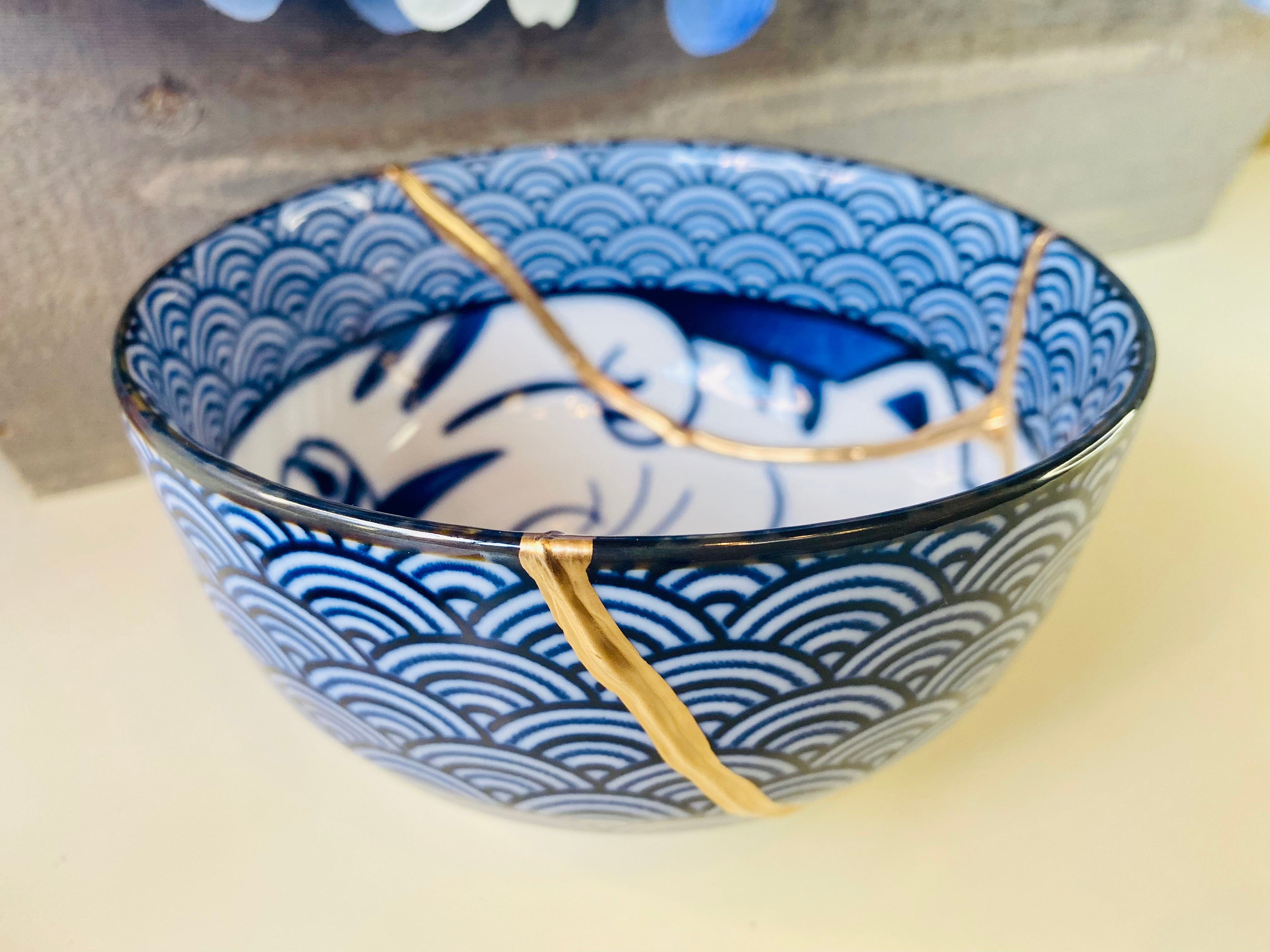 Kintsugi Blue Wave Cat Bowl