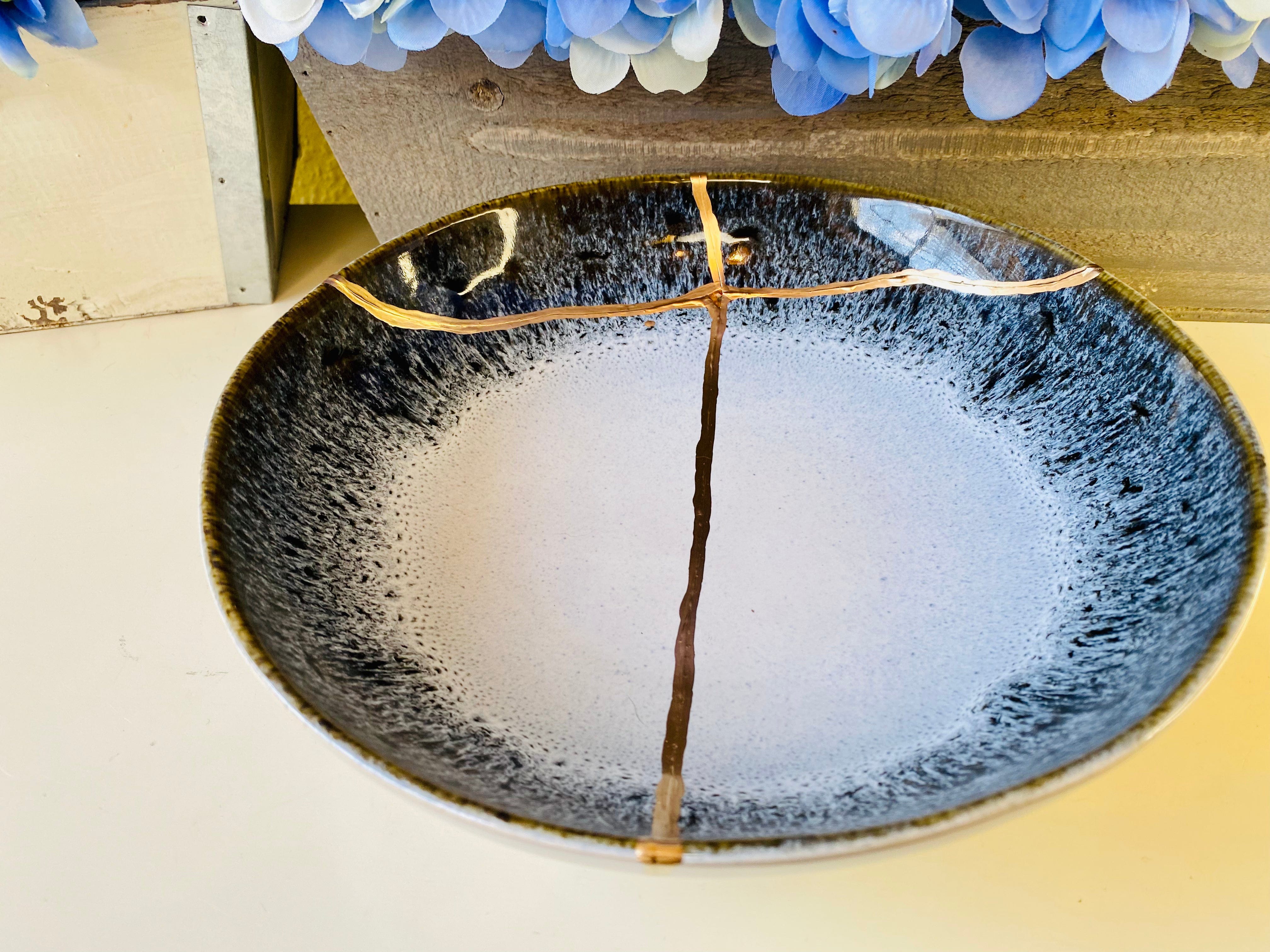 Kintsugi Gold Repair Large Reactive Crackle Bowl