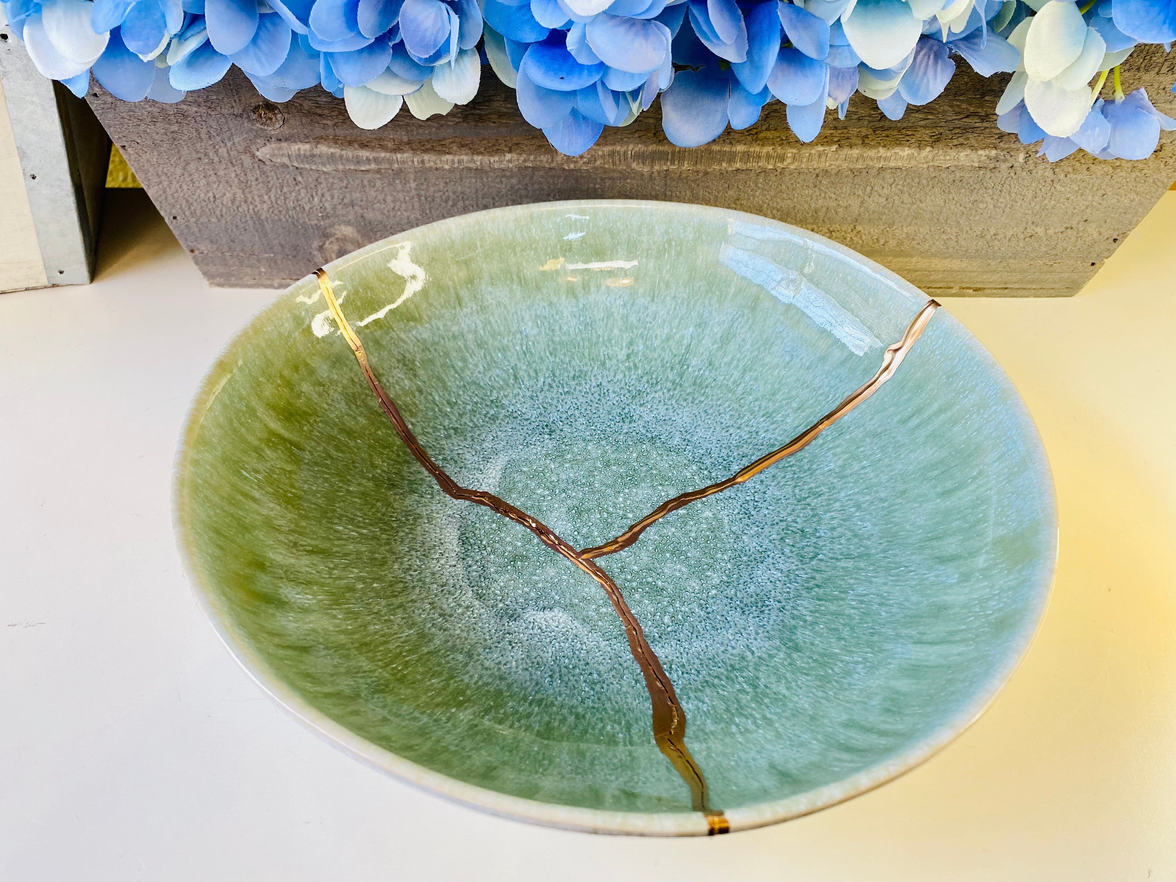 Kintsugi Repaired Reactive Celadon Green Bowl