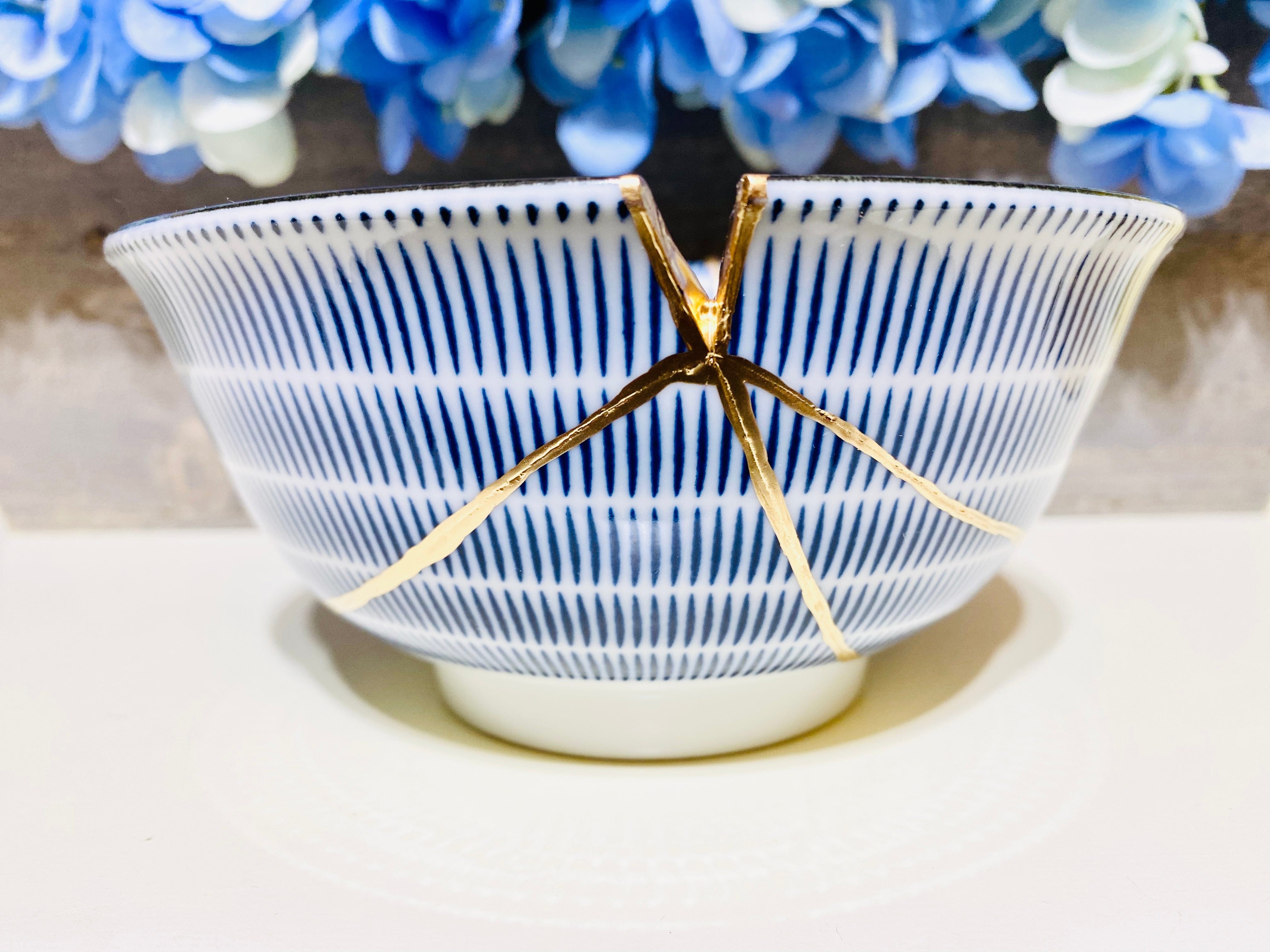 Kintsugi Repaired Japanese Blue Spiral Bowl