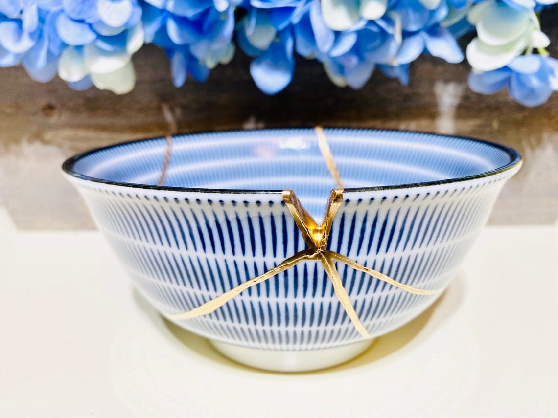 Kintsugi Repaired Japanese Blue Spiral Bowl