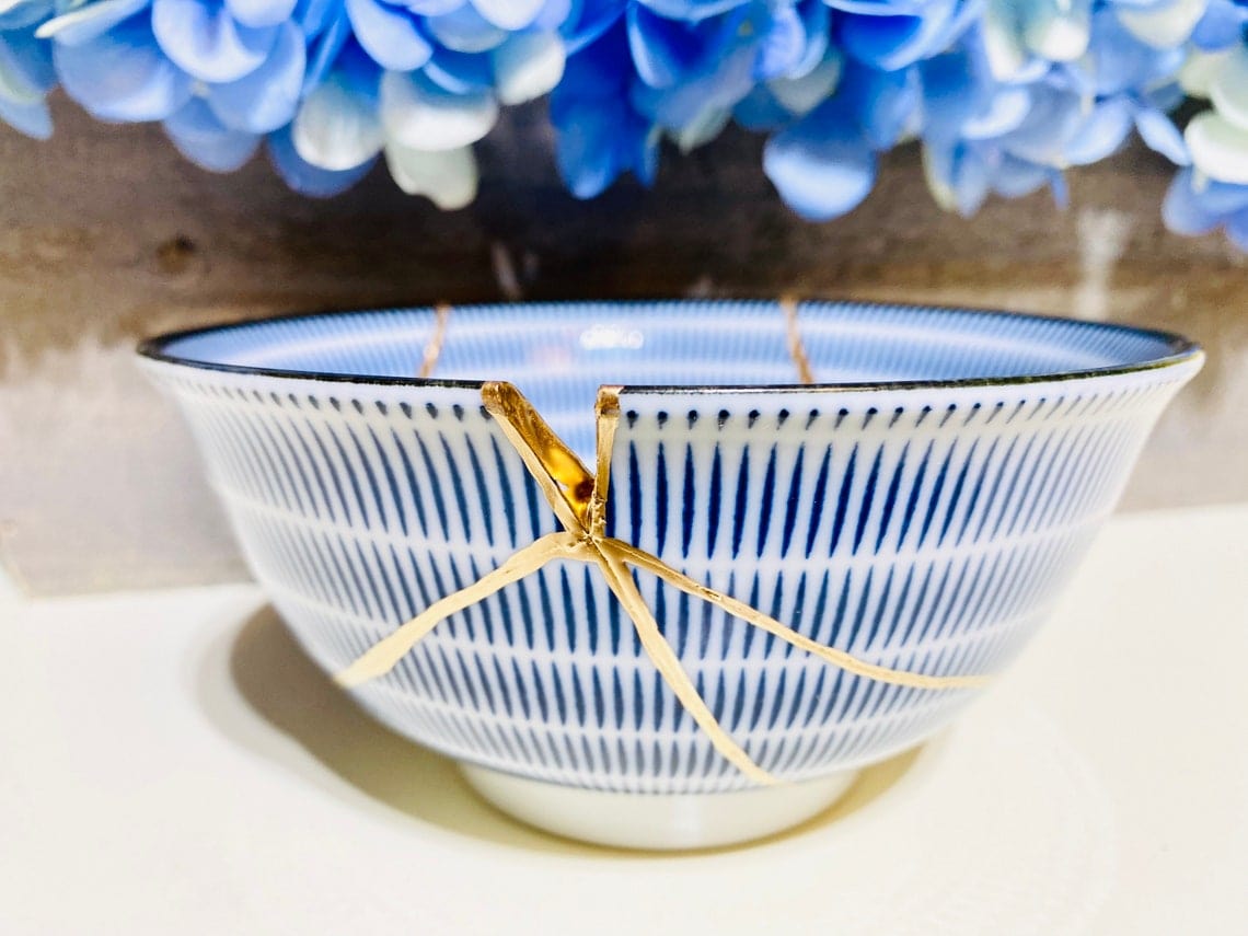 Kintsugi Repaired Japanese Blue Spiral Bowl