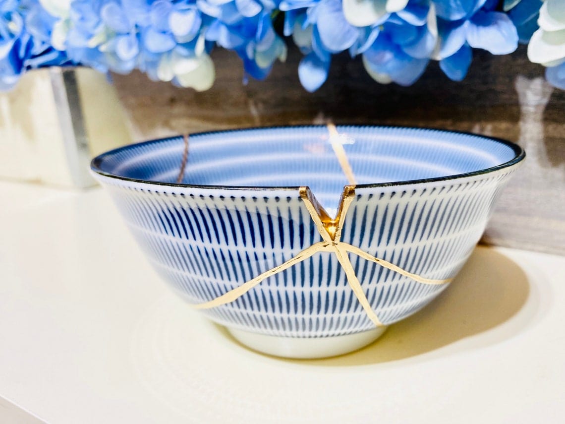 Kintsugi Repaired Japanese Blue Spiral Bowl