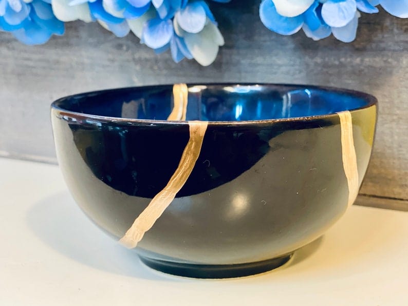 Kintsugi Bowl, Home Decor, Personalized Gifts, Home Gifts, Kintsugi Repaired Blue Stoneware Bowl Gold Inlaid