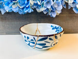 Kintsugi Bowl, Home Decor, Personalized Gifts, Gifts for Her, Wedding Gifts, Kintsugi Repaired Blue Petal Print White Bowl Gold Inlay