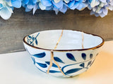 Kintsugi Bowl, Home Decor, Personalized Gifts, Gifts for Her, Wedding Gifts, Kintsugi Repaired Blue Petal Print White Bowl Gold Inlay