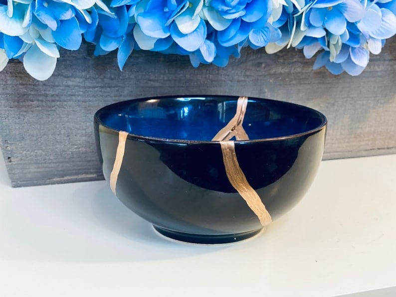 Kintsugi Bowl, Home Decor, Personalized Gifts, Home Gifts, Kintsugi Repaired Blue Stoneware Bowl Gold Inlaid