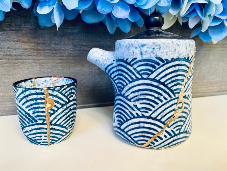 Kintsugi Bowl, Home Decor, Personalized Gifts, Gifts for Her, Gifts for Him, Wedding Gifts, Kintsugi Repaired Blue Wave Tea Set