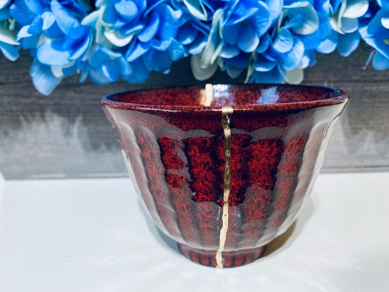 Kintsugi Repaired Red Stoneware Sake Cup