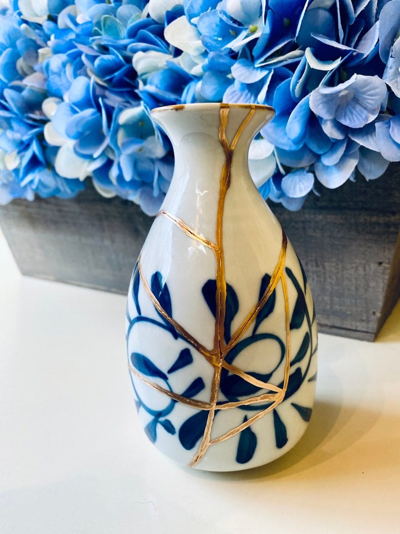 Kintsugi Repaired White Sake Bottle with Blue Petals