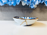 Kintsugi Repaired White and Blue Petals Sauce Dish